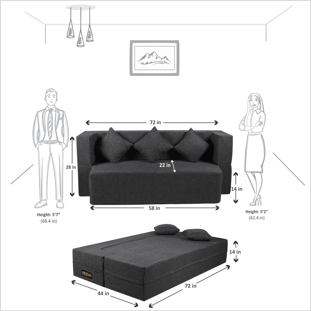 Dark Grey Jute Fabric (72"X44"X14") FlipperX Sofa cum Bed