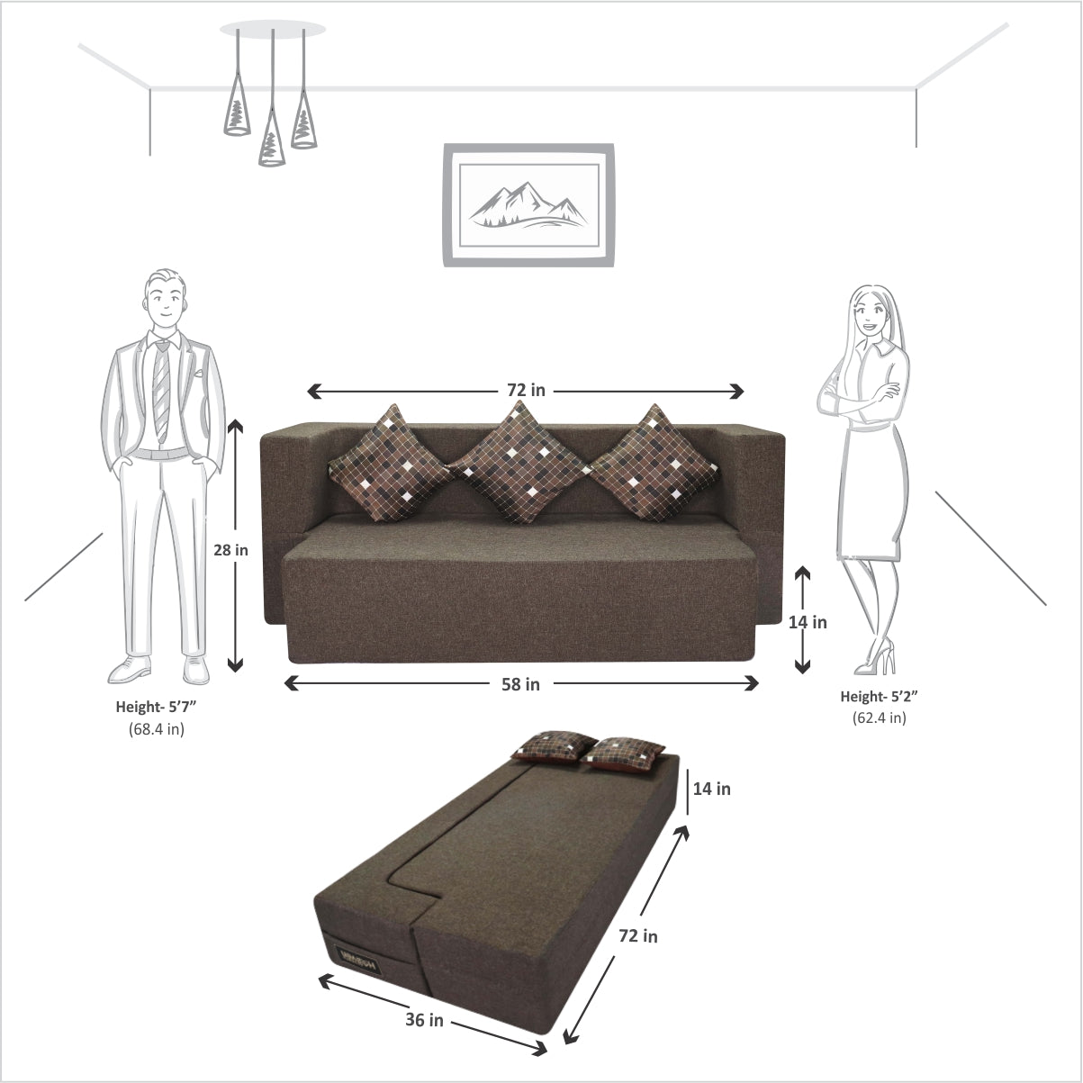 Brown Jute Fabric (72"x36"x14") FlipperX Sofa Bed with Printed Cushion