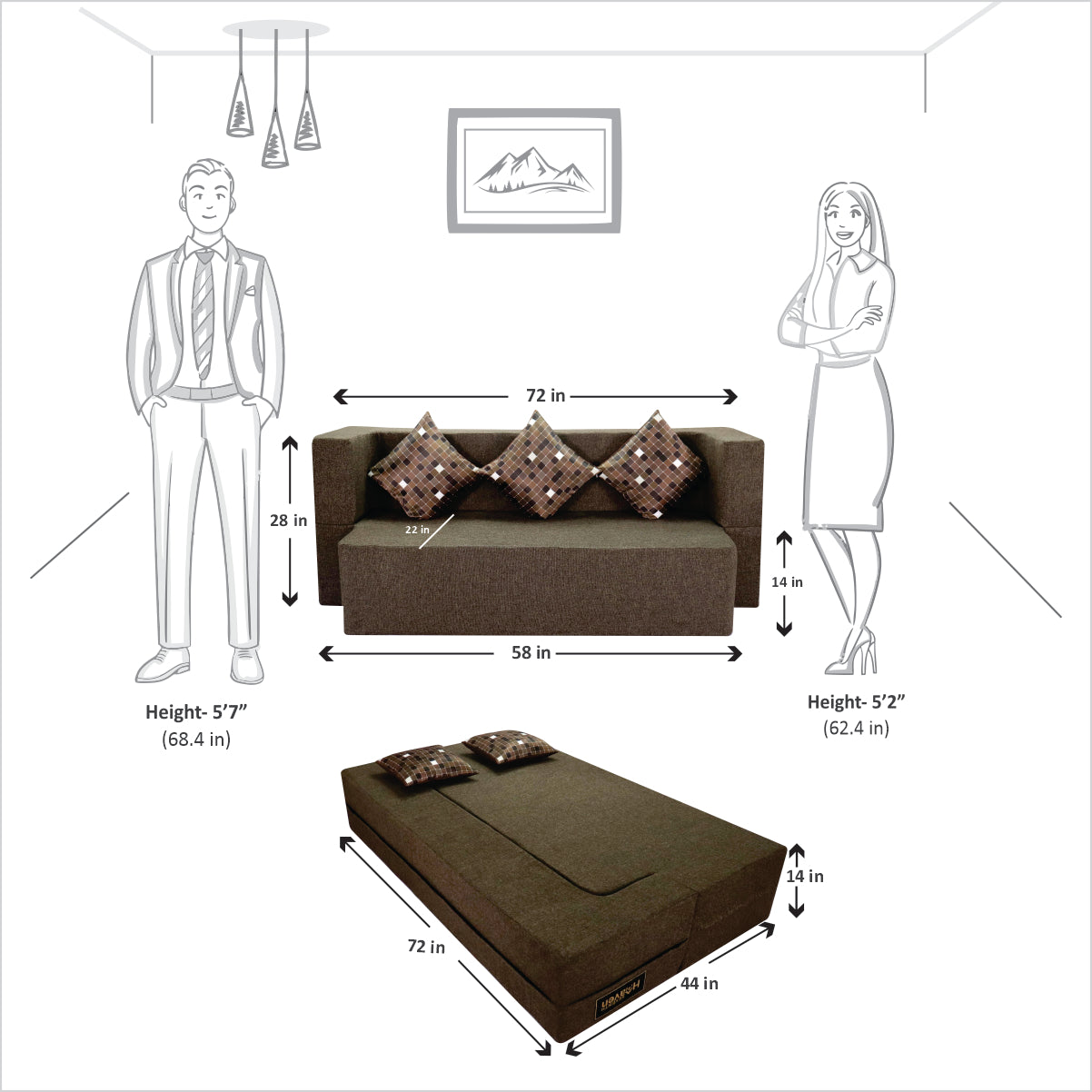 Brown Jute Fabric (72"X44"X14") FlipperX Sofa cum Bed With 3 Printed Cushions