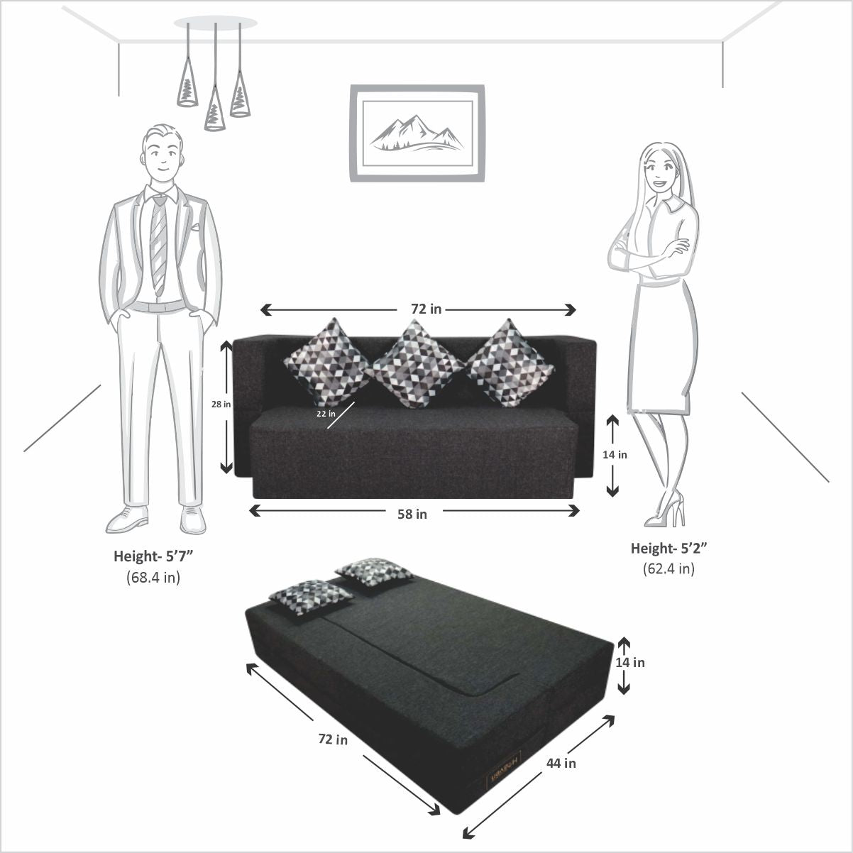 Dark Grey Jute Fabric (72"X44"X14") FlipperX Sofa cum Bed With 3 Printed Cushions