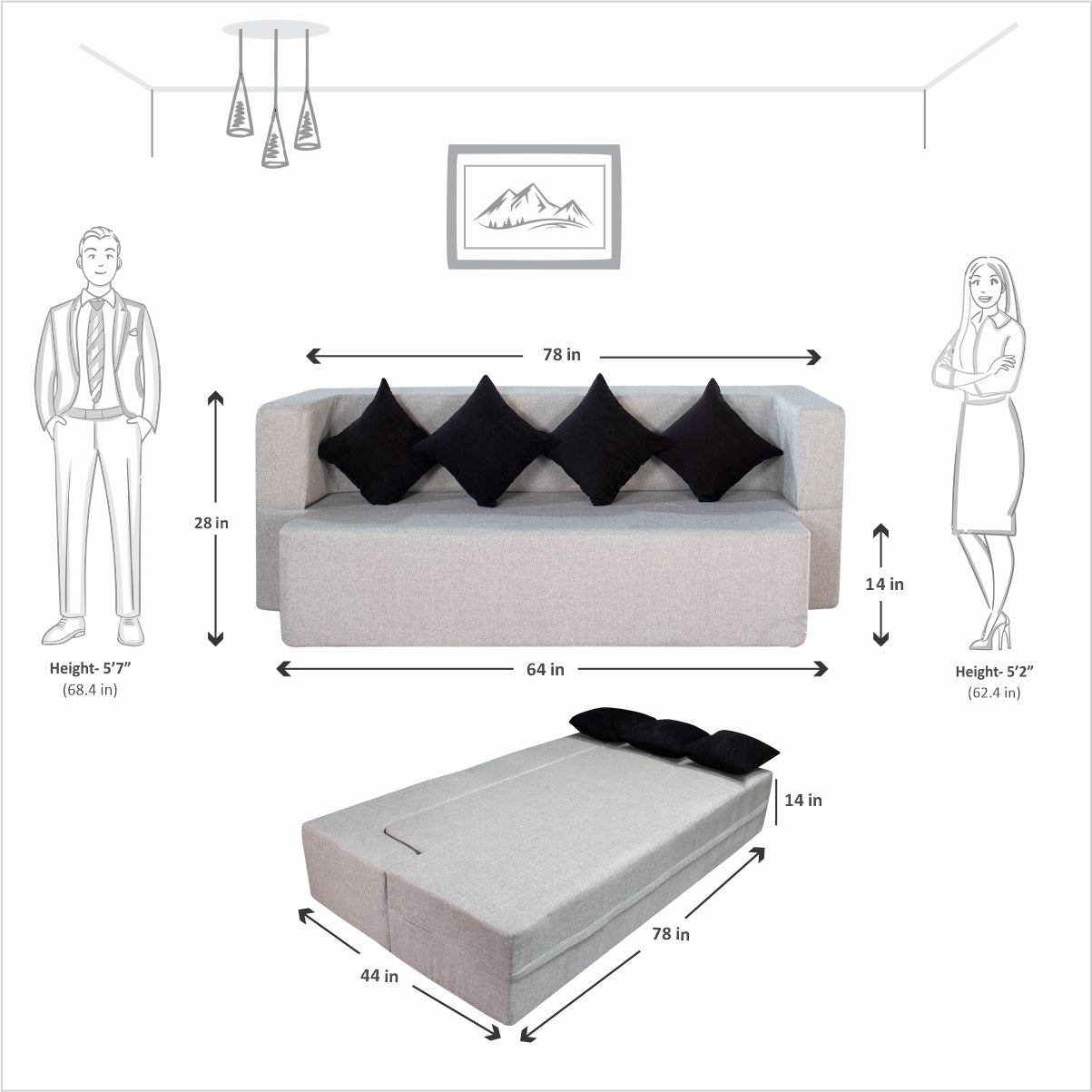 Light Grey Jute Fabric (78"X44"X14") FlipperX Sofa Bed