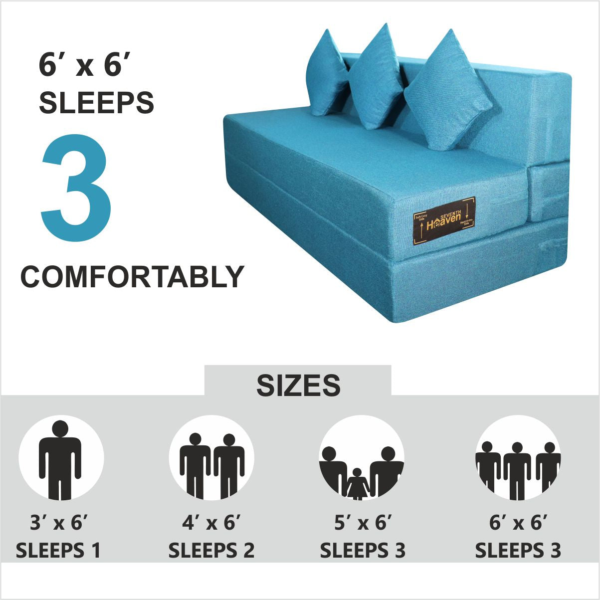 Blue Jute Fabric 6×6 Sofa cum Bed with 3 Cushion