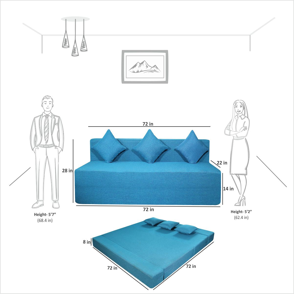 Blue Jute Fabric 6×6 Sofa cum Bed with 3 Cushion