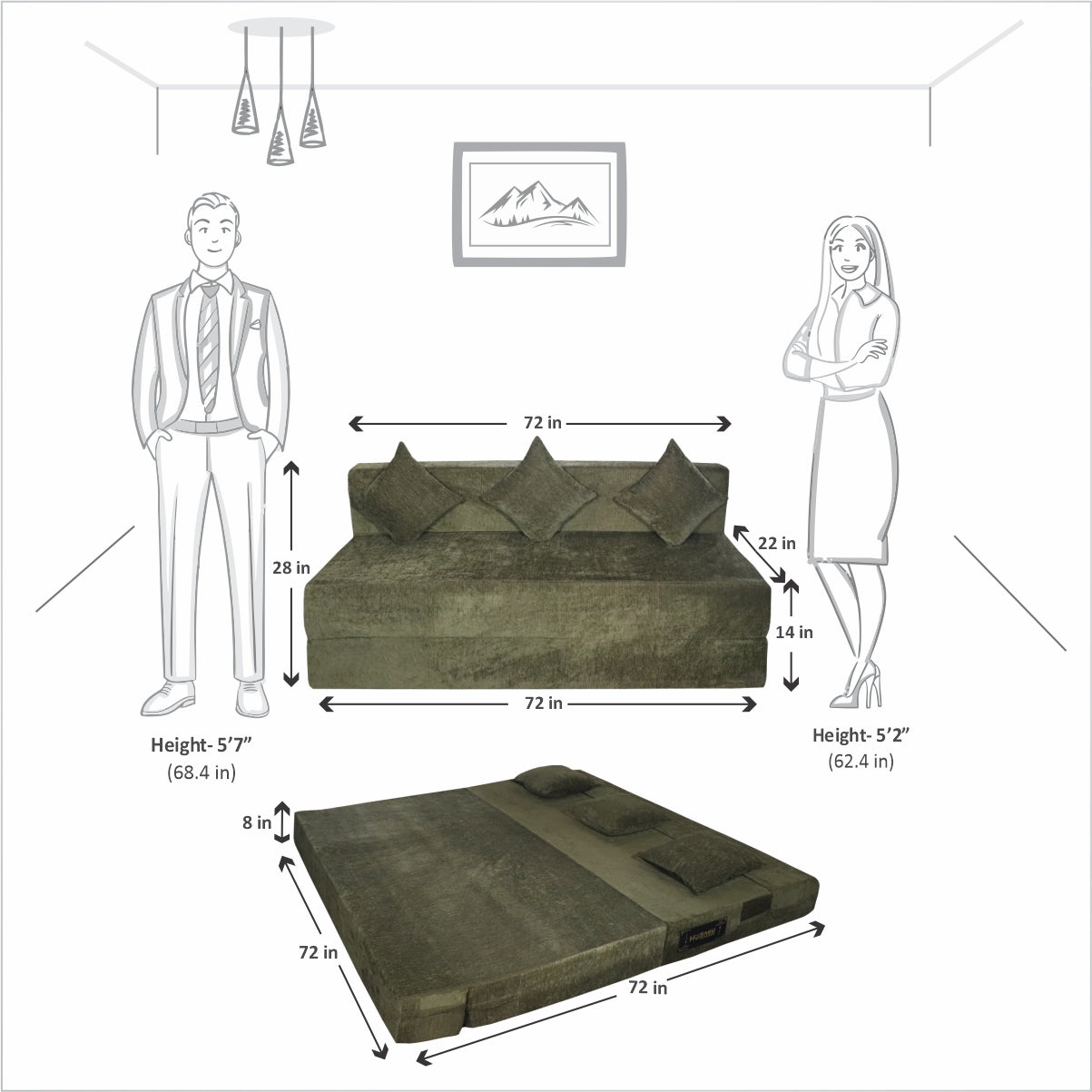Emarald Green Chenille Molfino Fabric 6×6 Sofa cum Bed with 3 Cushion