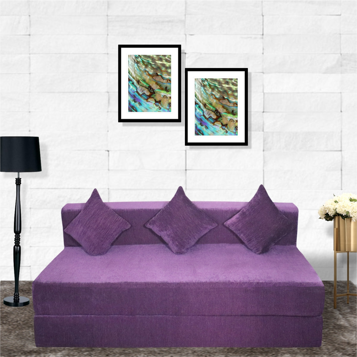 Seventh Heaven Purple Morphino Fabric 6×6 Sofa cum Bed with 3 Cushion