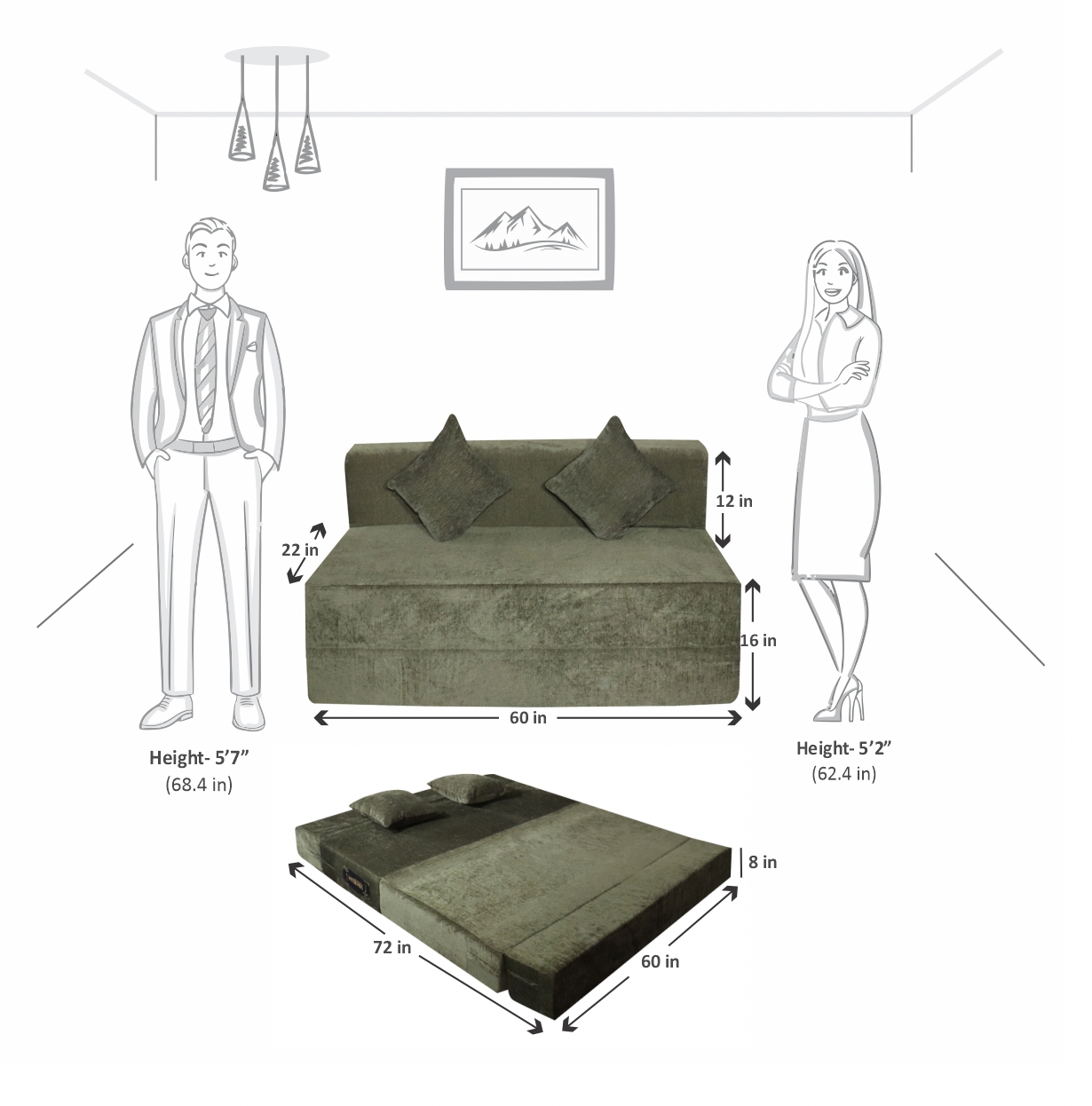 Green Chenille Molfino Fabric 6×5 Sofa cum Bed with 2 Cushion
