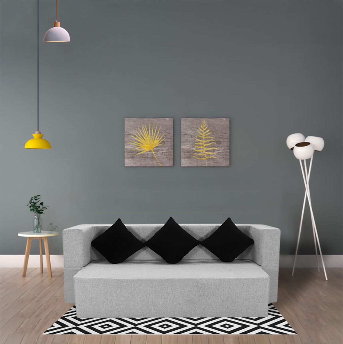 Light Grey Jute Fabric (72"X44"X14") FlipperX Sofa cum Bed With 3 Black Cushions