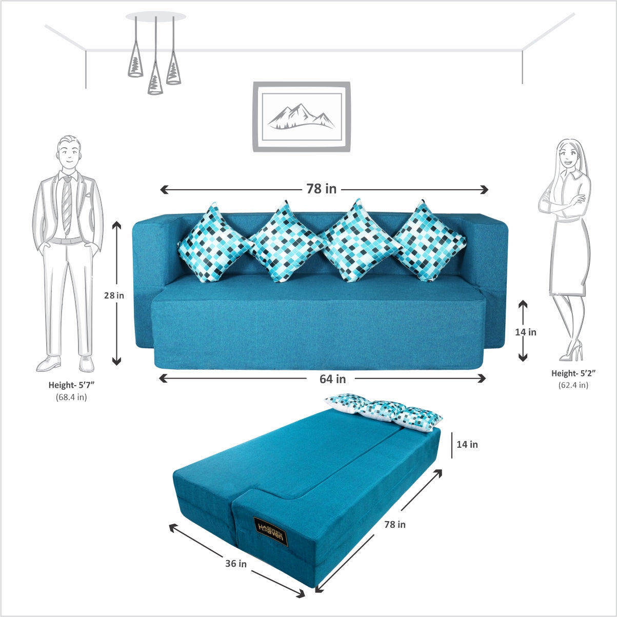 Blue Jute Fabric (78"x36"x14") FlipperX Sofa cum Bed with 4 Printed Cushions