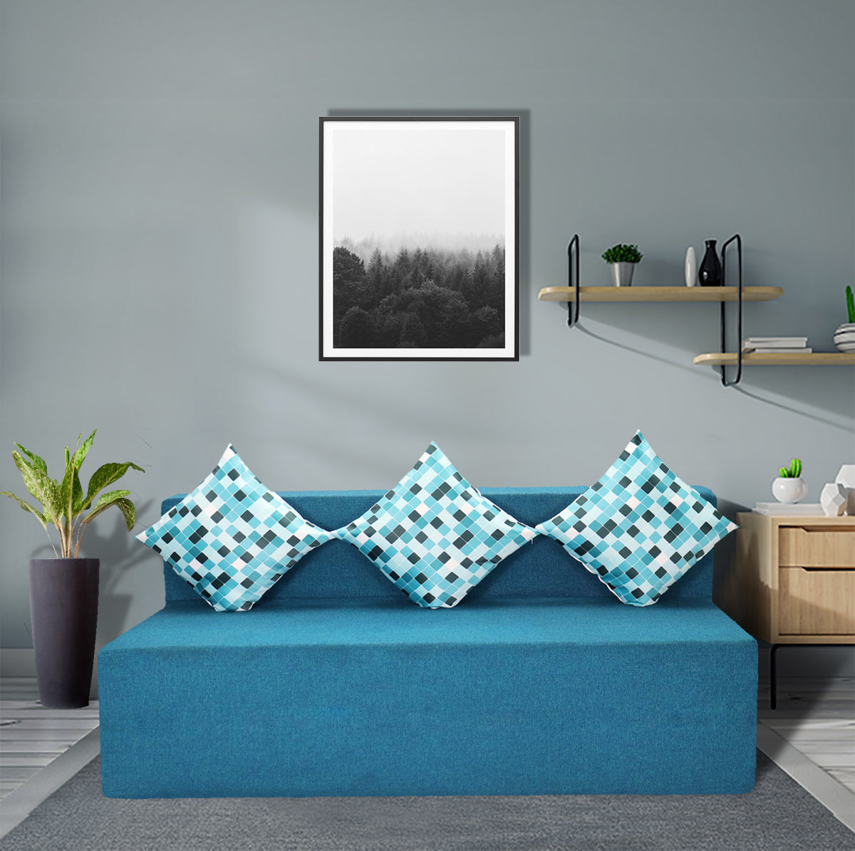 Sky Blue Jute Fabric 6×5 Sofa cum Bed with Printed Cushion
