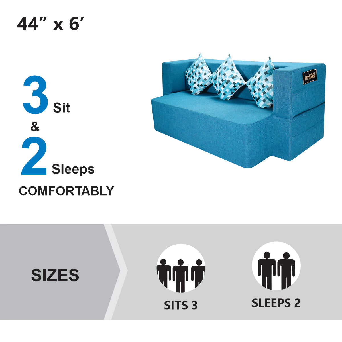 Blue Jute Fabric (72"X44"X14") FlipperX Sofa cum Bed With 3 Printed Cushions