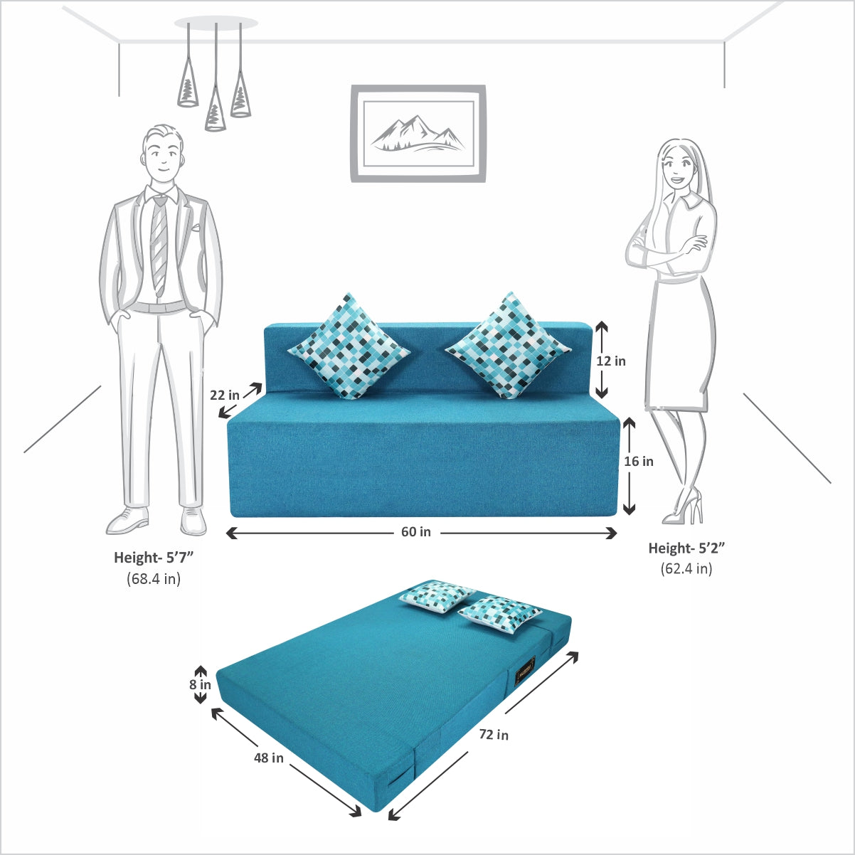 Sky Blue Jute Fabric 6×5 Sofa cum Bed with Printed Cushion