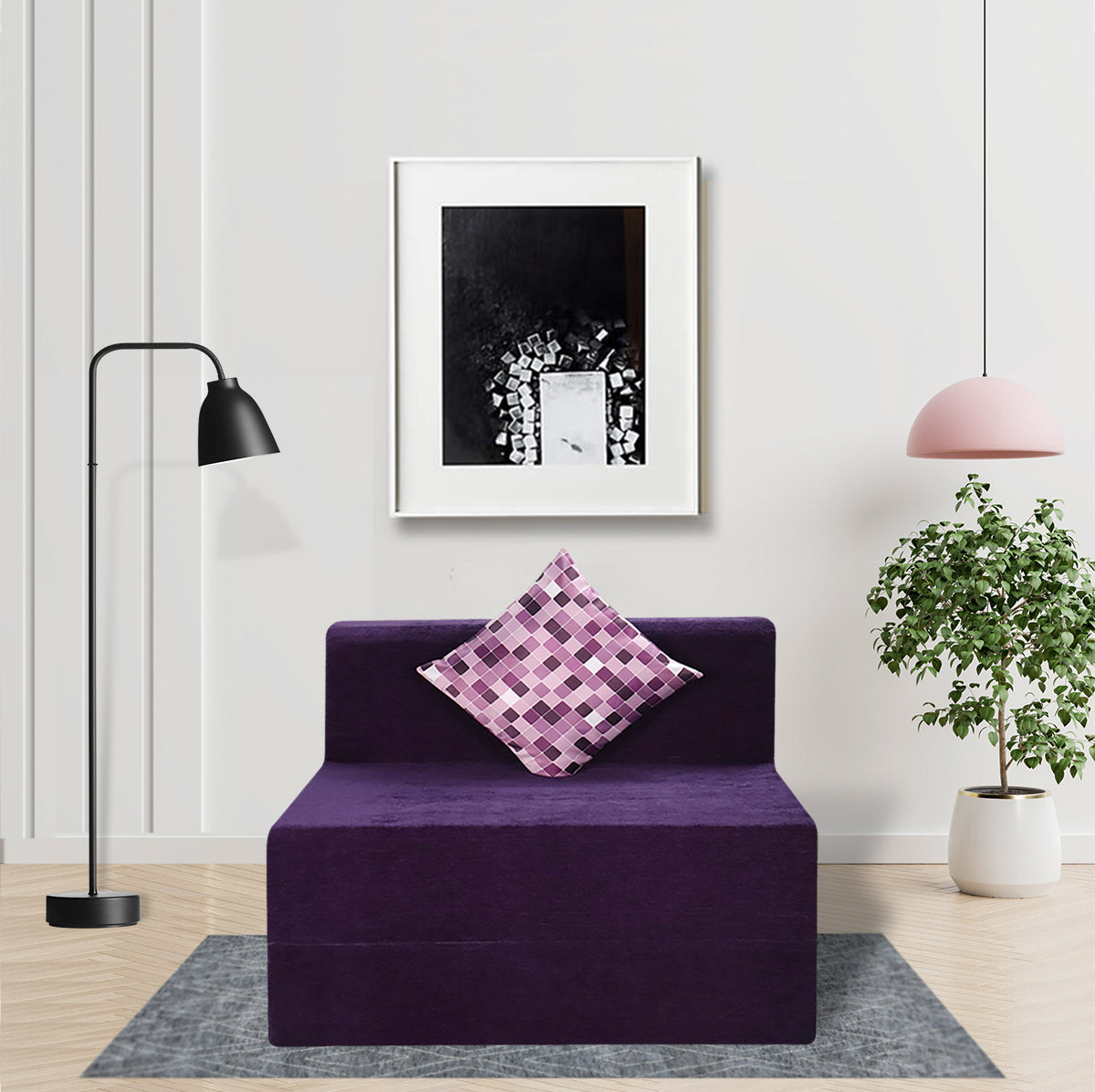 Purple Molfino Fabric 6'×3' Sofa cum Bed with 1 Printed Cushion