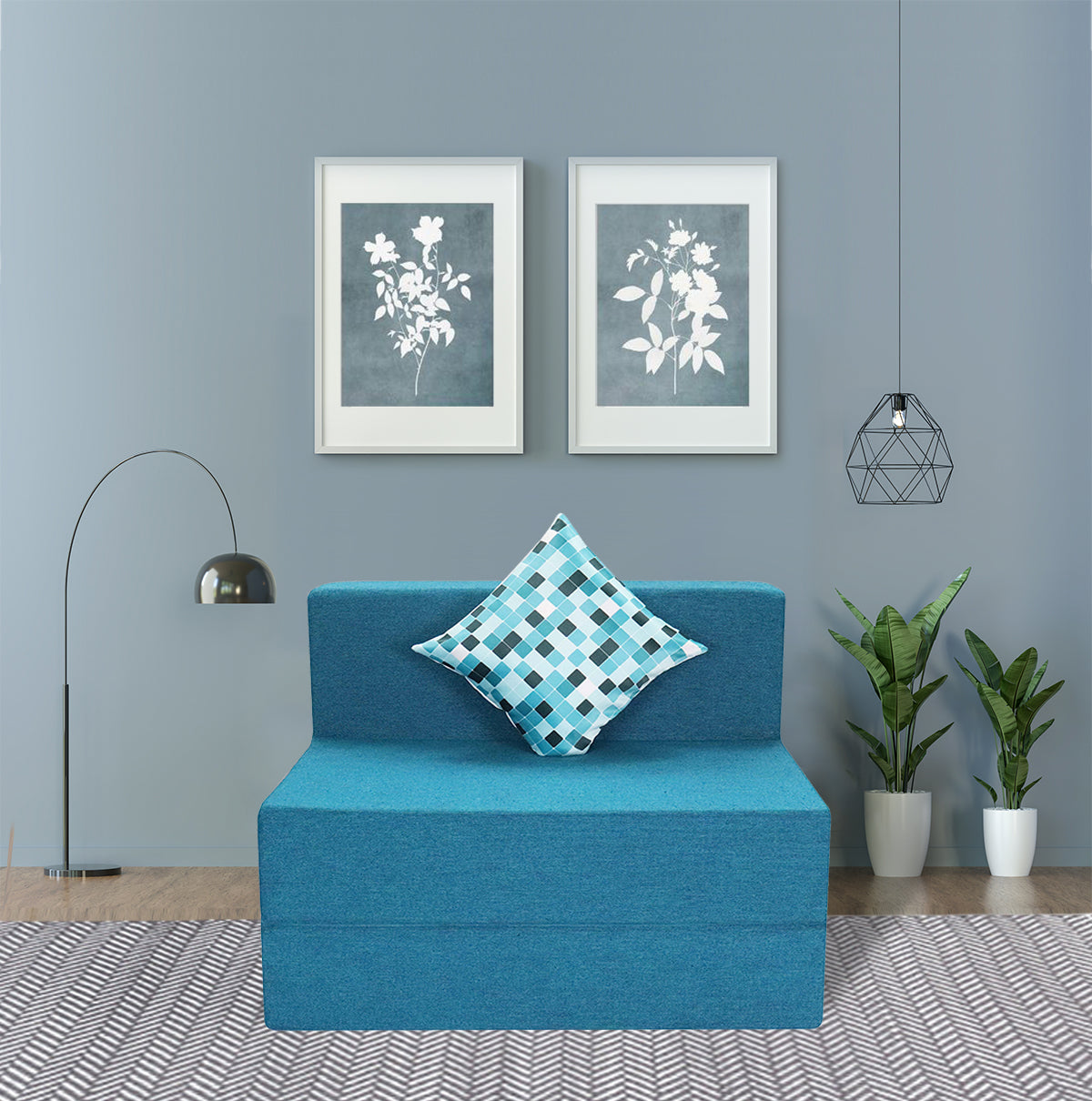 Sky Blue Jute Fabric 6×3 Sofa cum Bed with Printed Cushion