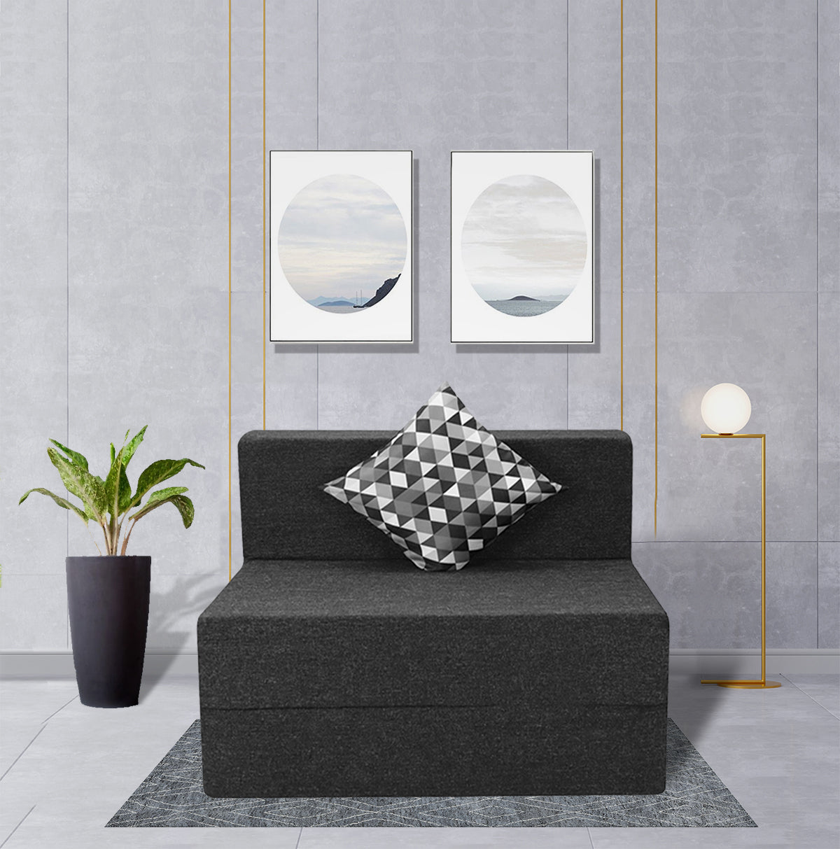 Dark Grey Jute Fabric 6'×3' Sofa cum Bed with 1 Printed Cushion