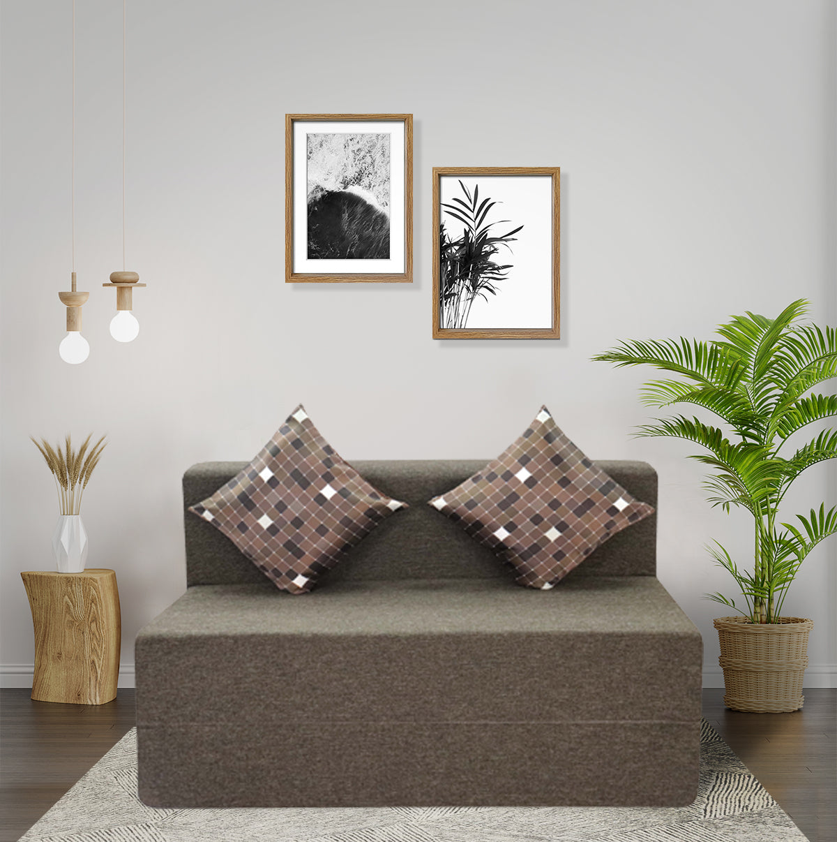 Brown Jute Fabric 6×4 Sofa cum Bed with Printed Cushion