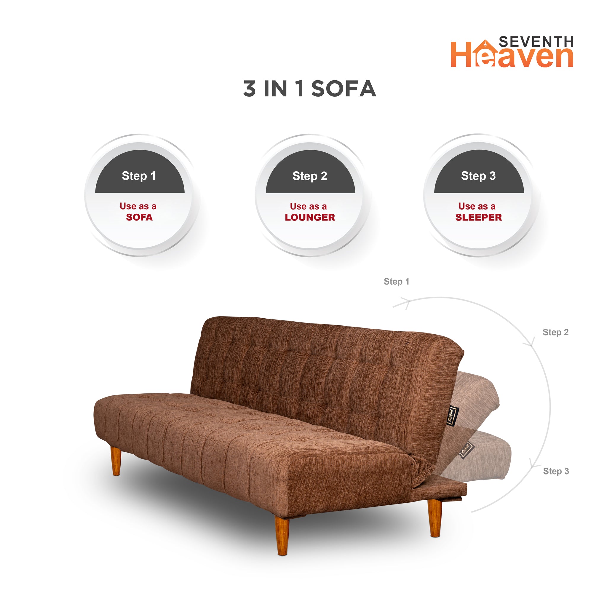 Seventh Heaven Florida Neo 4 Seater Wooden Sofa Cum Bed Modern & Elegant Smart Furniture Range for luxurious homes, living rooms and offices. Use as a sofa, lounger or bed. Perfect for guests. Beige Colour Molphino fabric with sheesham polished wooden legs.