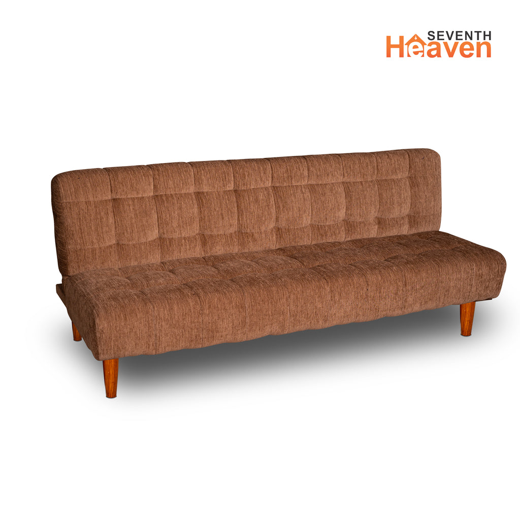 Seventh Heaven Florida Neo 4 Seater Wooden Sofa Cum Bed Modern & Elegant Smart Furniture Range for luxurious homes, living rooms and offices. Use as a sofa, lounger or bed. Perfect for guests. Beige Colour Molphino fabric with sheesham polished wooden legs.