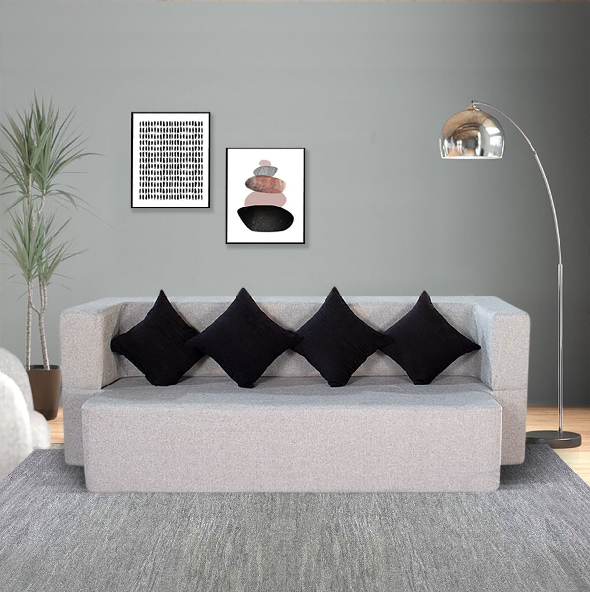 Cover of Light Grey Jute Fabric (78"x44"x14") FlipperX Sofa cum Bed with 4 Black Cushion Covers