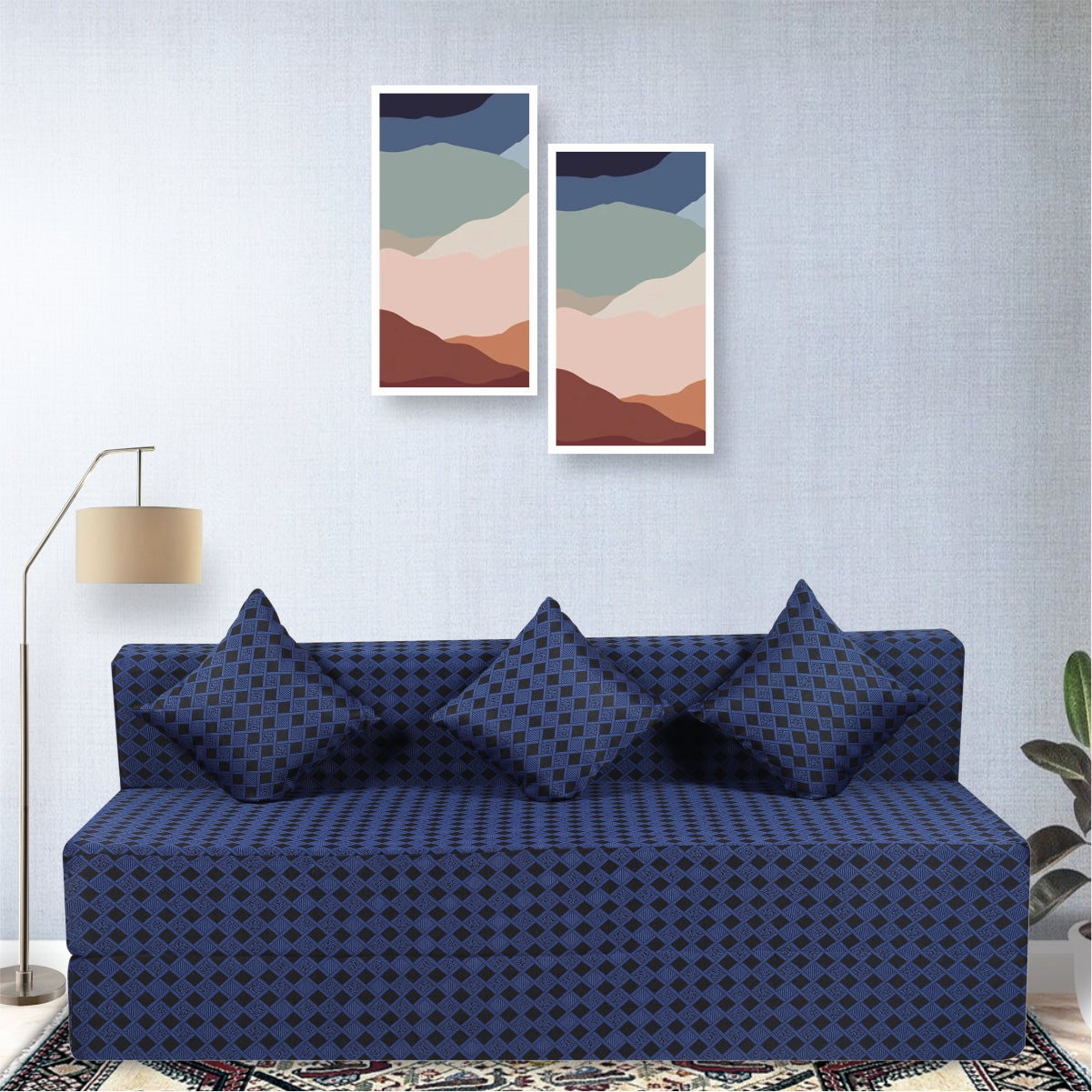 Seventh Heaven Blue Morphino Fabric 6×6 Sofa cum Bed with 3 Cushion