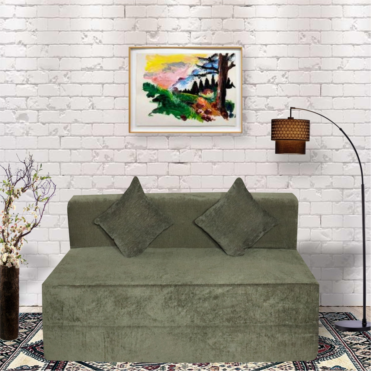 Seventh Heaven Green Morphino Fabric 6×5 Sofa cum Bed with 2 Cushion