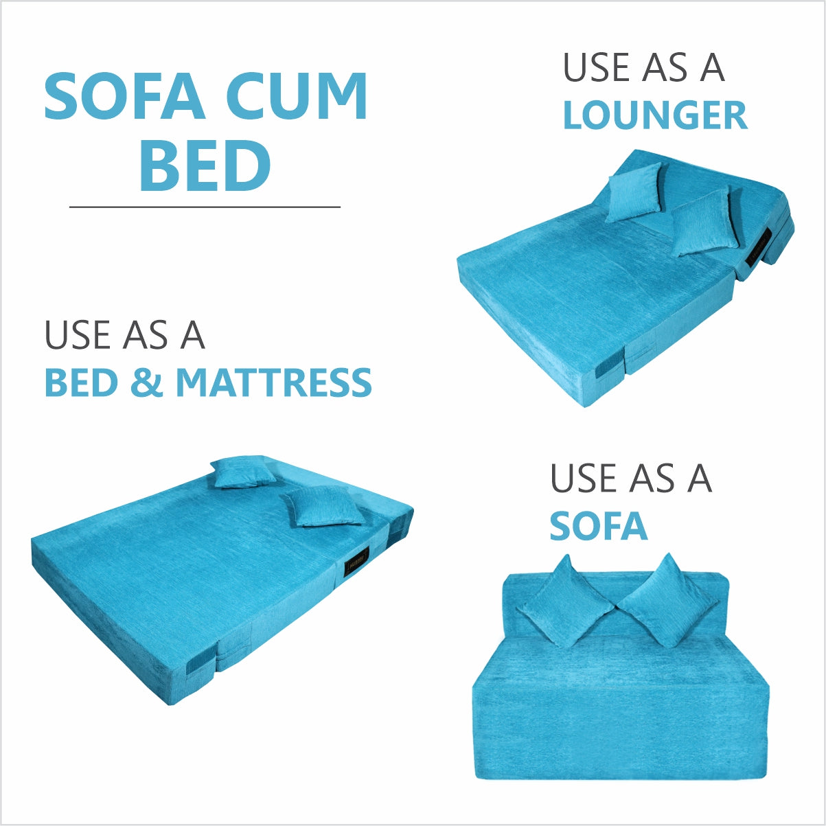 Sky Blue Chenille Molfino Fabric 6×4 Sofa cum Bed with 2 Cushion