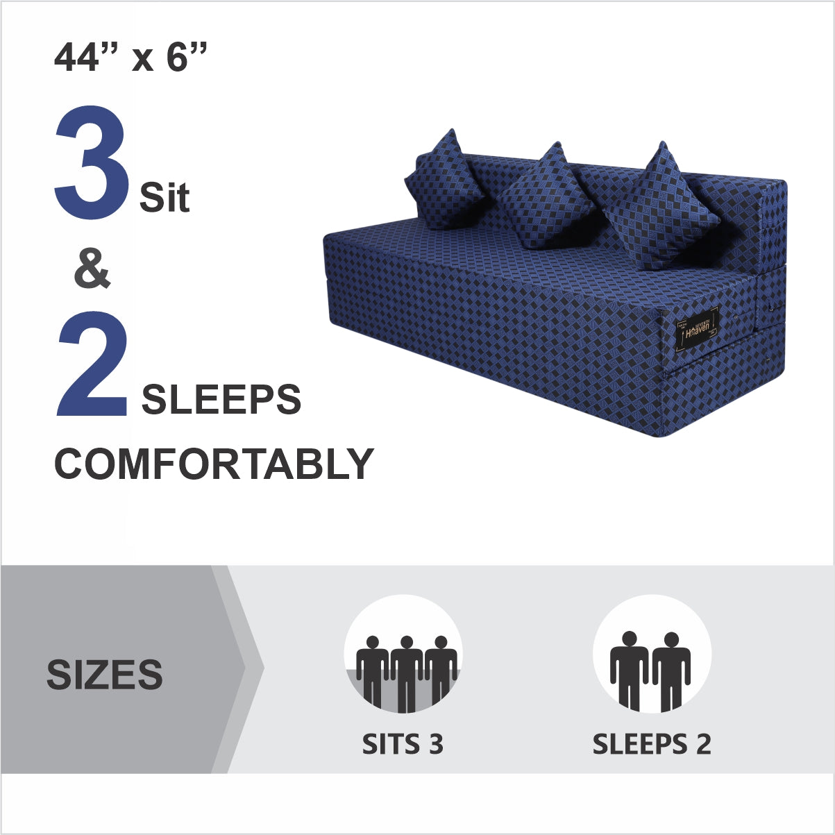 Blue & Black Chenille Molfino Fabric 6×6 Sofa cum Bed with 3 Cushion