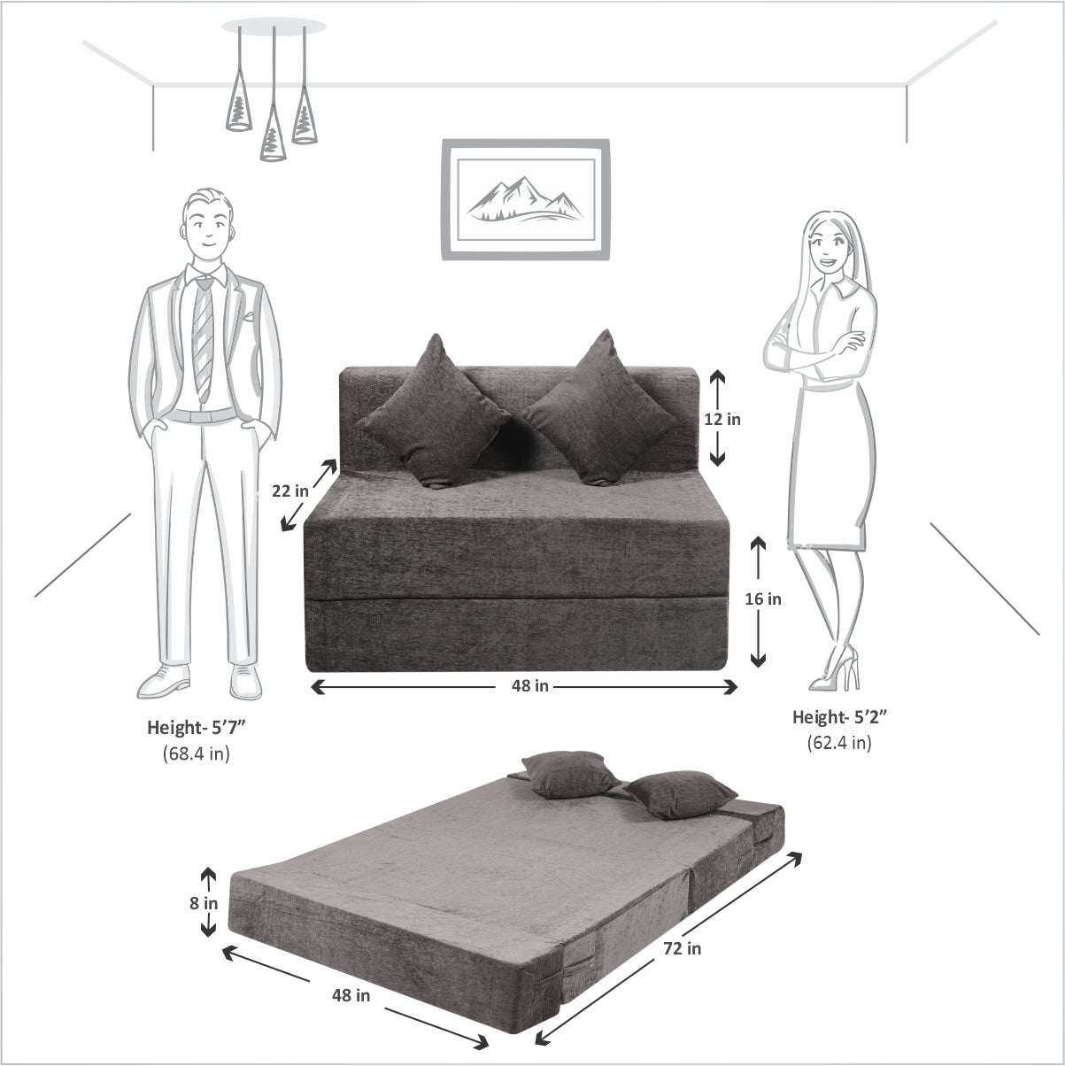 Fossil Grey Chenille Molfino Fabric 6×4 Sofa cum Bed with 2 Cushion
