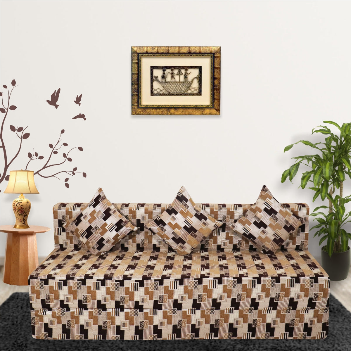 Seventh Heaven Brown Morphino Fabric 6×6 Sofa cum Bed with 3 Cushion