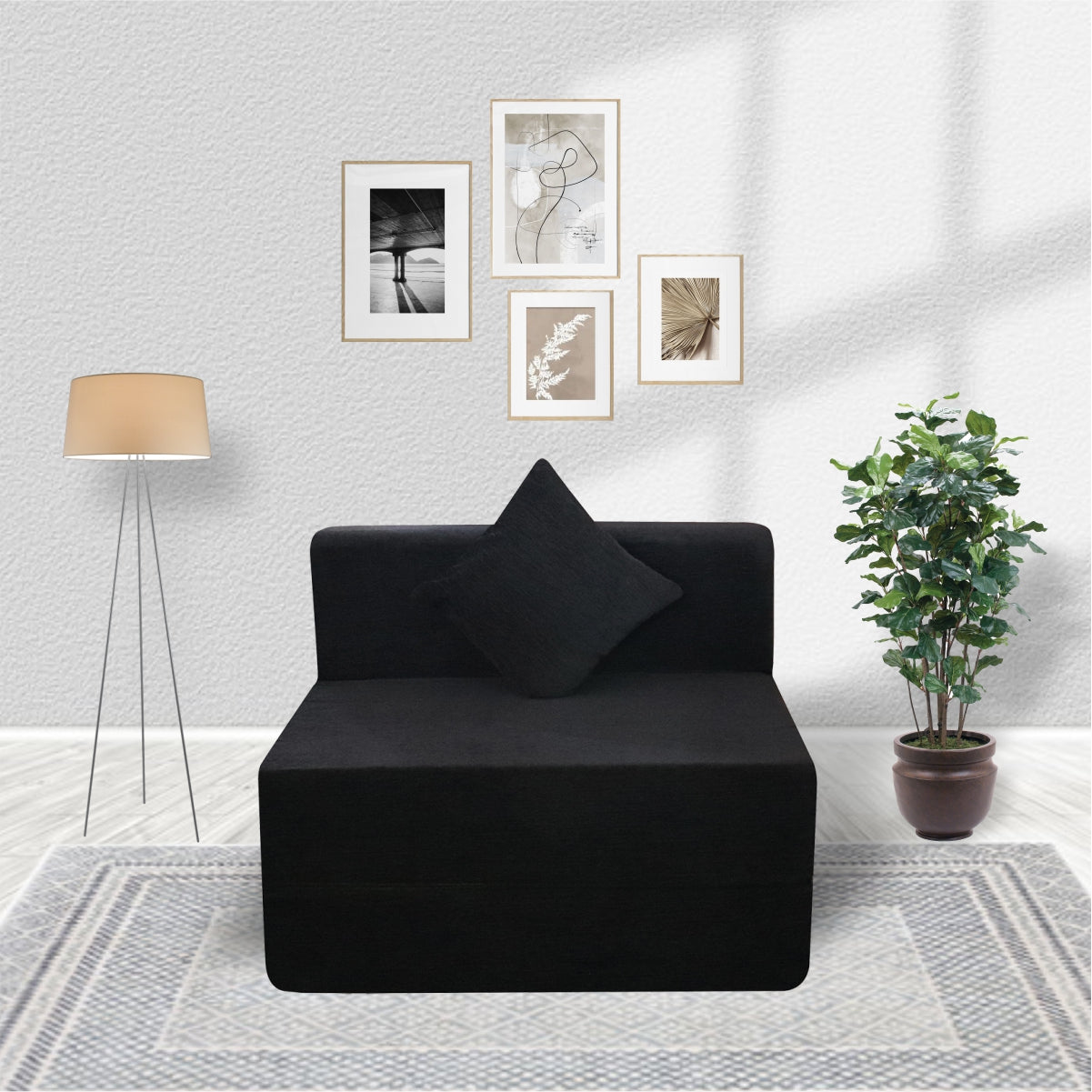 Black Molfino Fabric 6'×3' Sofa cum Bed with 1 Cushion