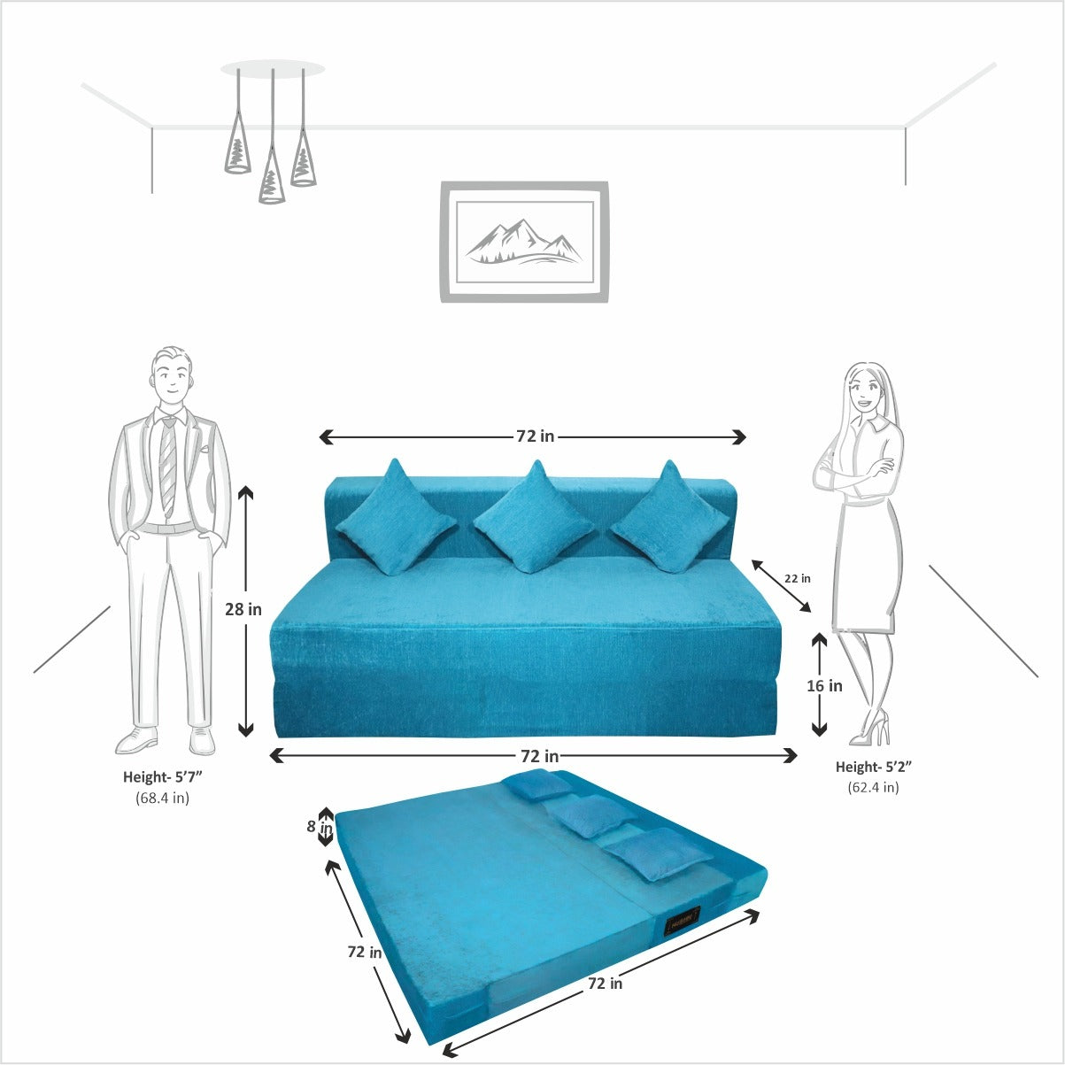 Sky Blue Chenille Molfino Fabric 6×6 Sofa cum Bed with 3 Cushion