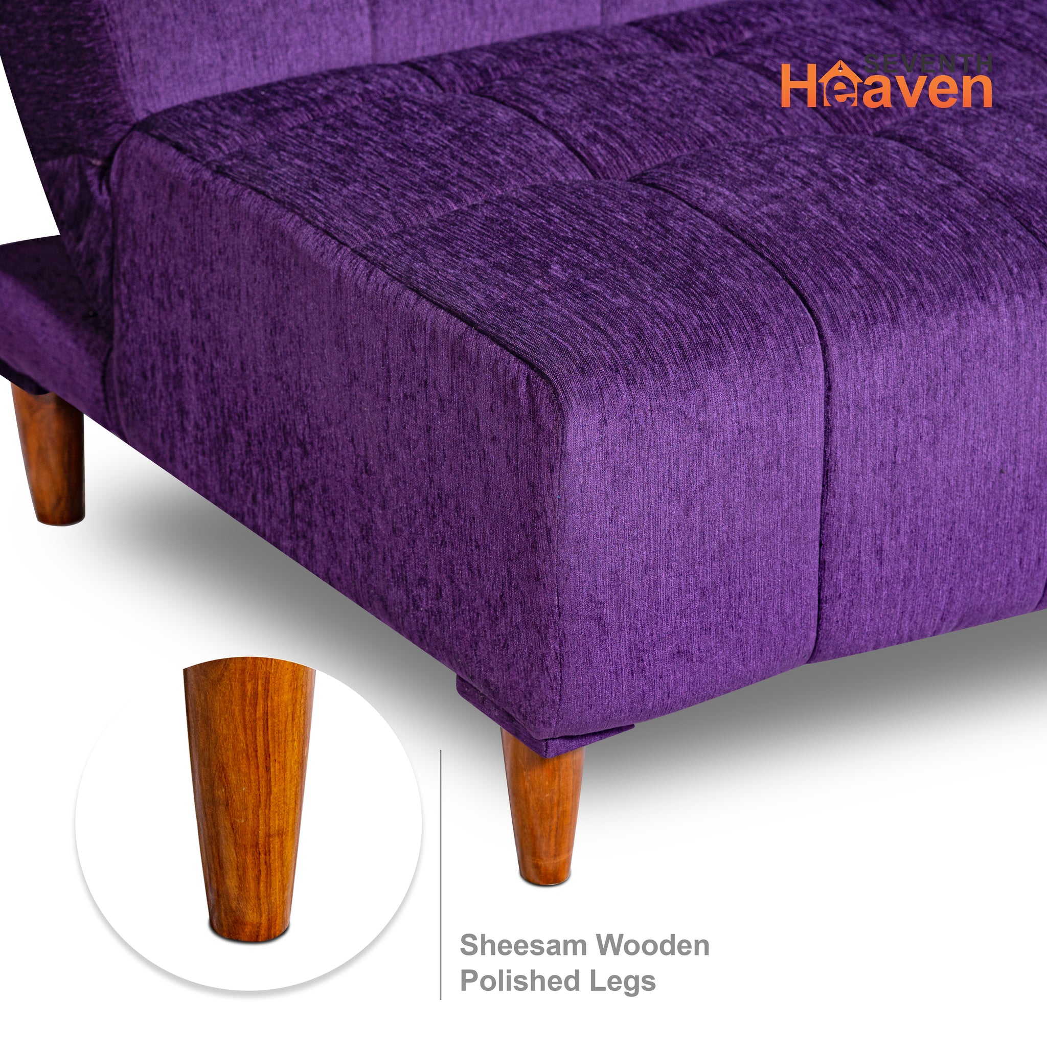 Seventh Heaven Florida 4 Seater Wooden Sofa Cum Bed. Modern & Elegant Smart Furniture Range for luxurious homes, living rooms and offices. Use as a sofa, lounger or bed. Perfect for guests. Molphino fabric with sheesham polished wooden legs. Purple colour.