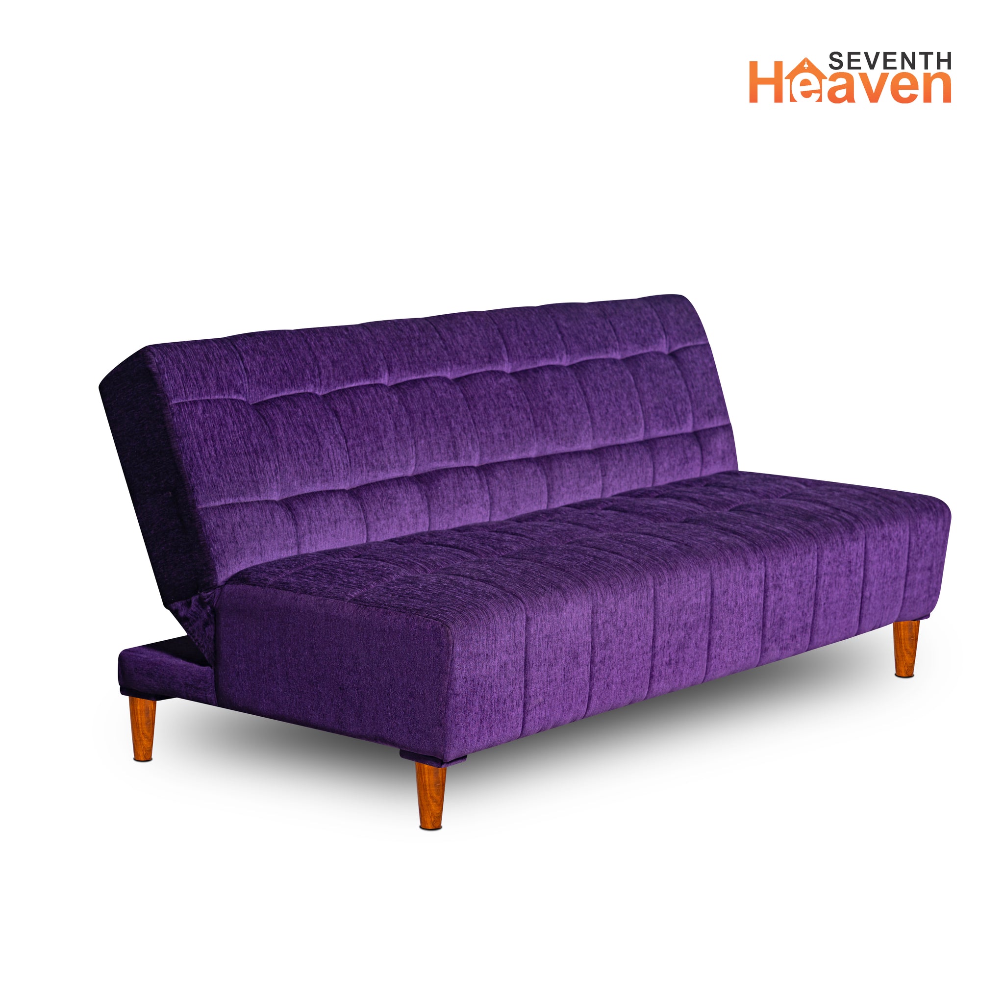 Seventh Heaven Florida 4 Seater Wooden Sofa Cum Bed. Modern & Elegant Smart Furniture Range for luxurious homes, living rooms and offices. Use as a sofa, lounger or bed. Perfect for guests. Molphino fabric with sheesham polished wooden legs. Purple colour.