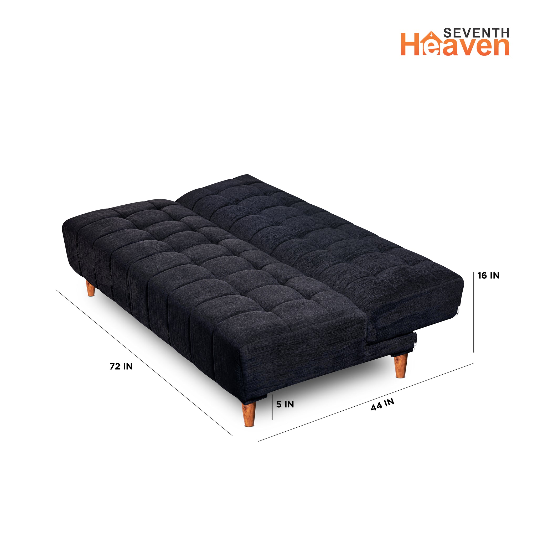 Seventh Heaven Florida 4 Seater Wooden Sofa Cum Bed. Modern & Elegant Smart Furniture Range for luxurious homes, living rooms and offices. Use as a sofa, lounger or bed. Perfect for guests. Molphino fabric with sheesham polished wooden legs. Black colour.