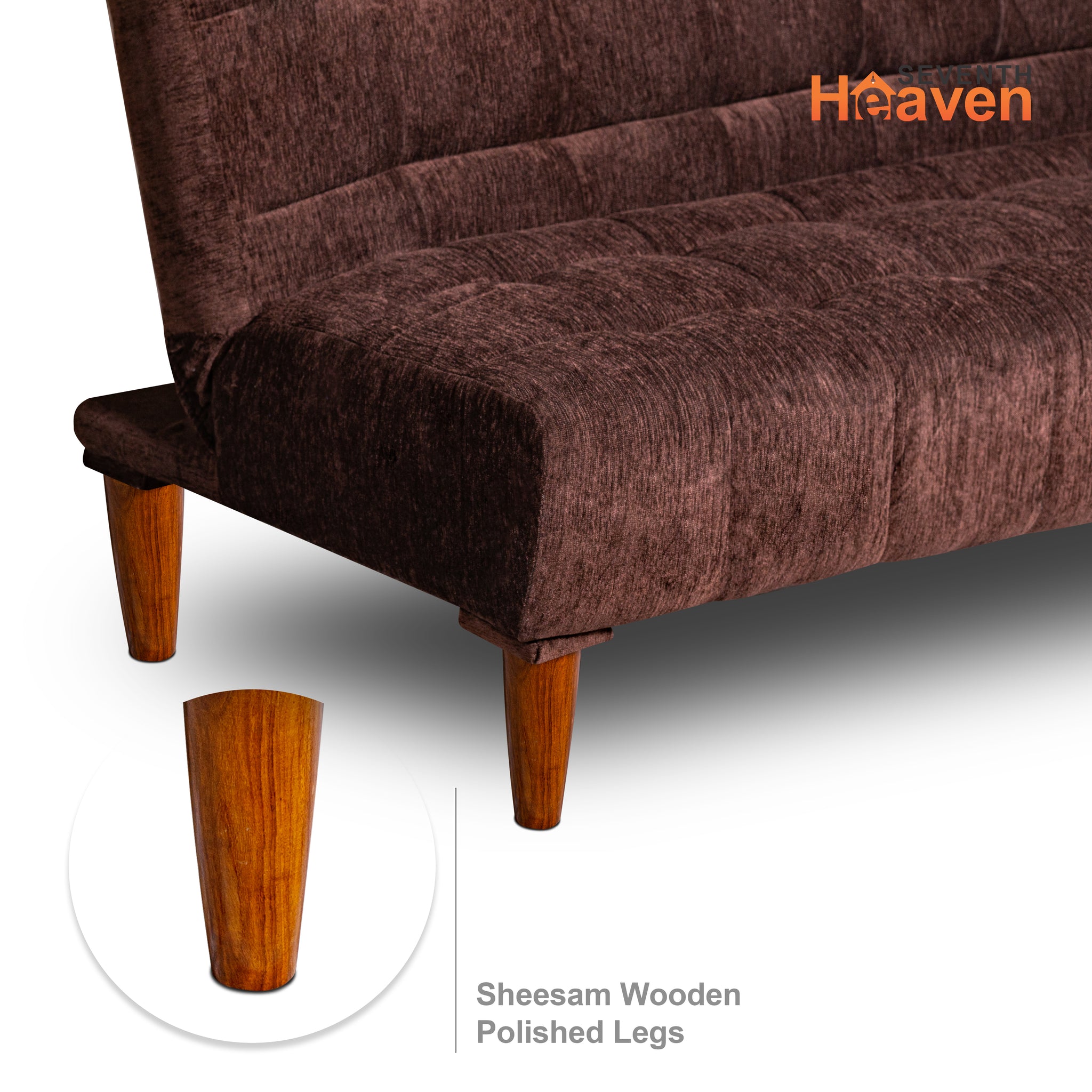 Seventh Heaven Florida 4 Seater Wooden Sofa Cum Bed. Modern & Elegant Smart Furniture Range for luxurious homes, living rooms and offices. Use as a sofa, lounger or bed. Perfect for guests. Molphino fabric with sheesham polished wooden legs. Brown colour.