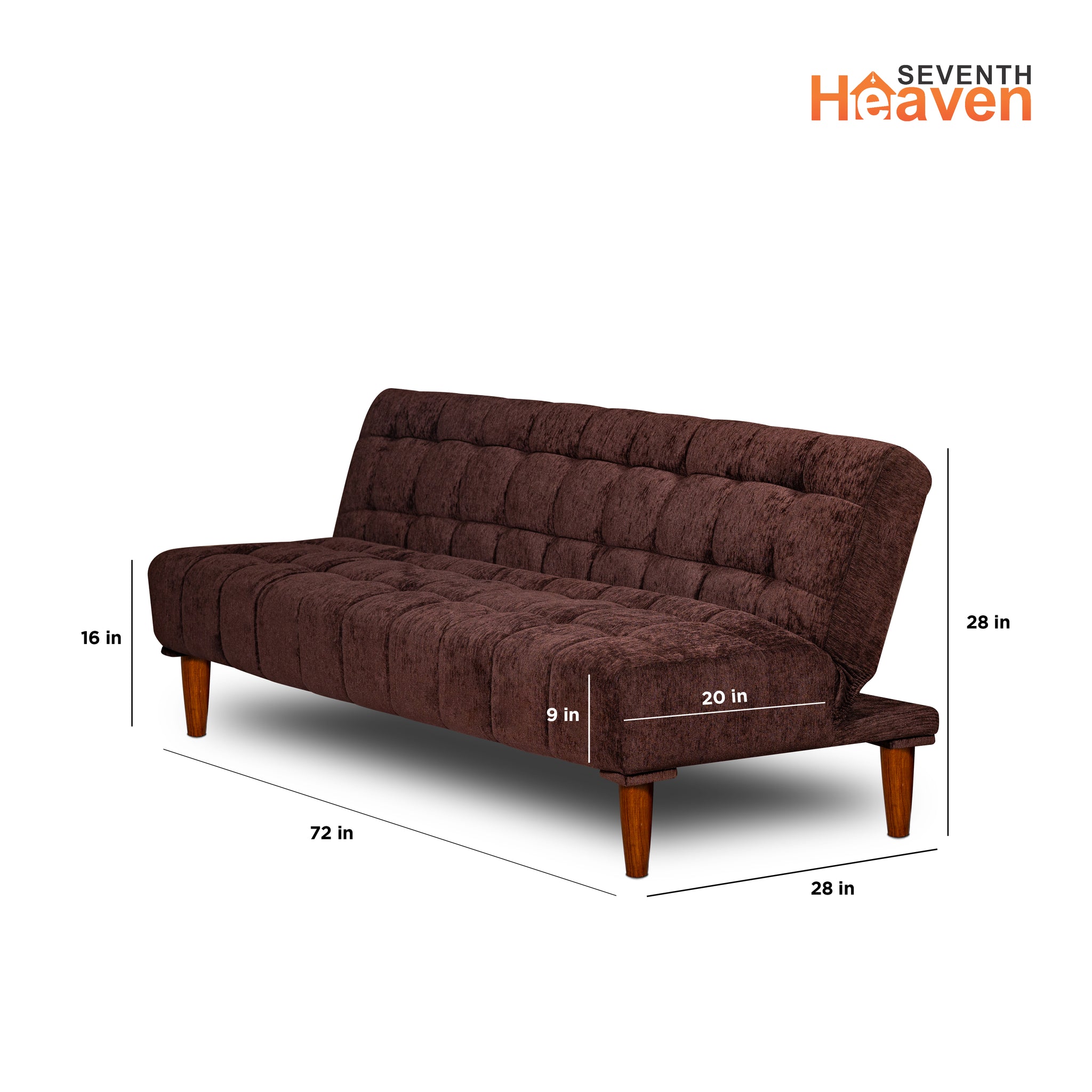Seventh Heaven Florida 4 Seater Wooden Sofa Cum Bed. Modern & Elegant Smart Furniture Range for luxurious homes, living rooms and offices. Use as a sofa, lounger or bed. Perfect for guests. Molphino fabric with sheesham polished wooden legs. Brown colour.