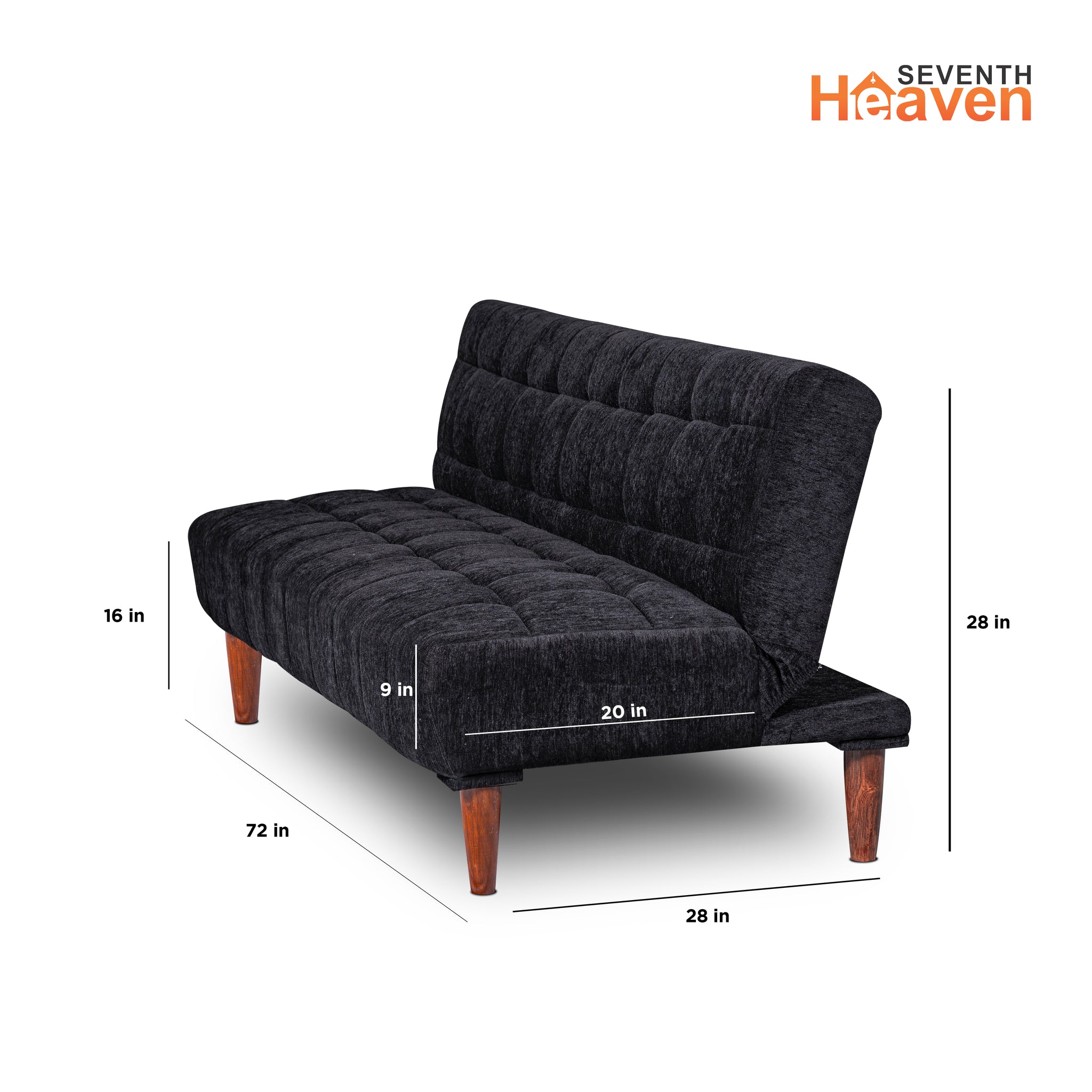 Seventh Heaven Florida Neo 4 Seater Wooden Sofa Cum Bed Modern & Elegant Smart Furniture Range for luxurious homes, living rooms and offices. Use as a sofa, lounger or bed. Perfect for guests. Molphino fabric with sheesham polished wooden legs. Black colour.