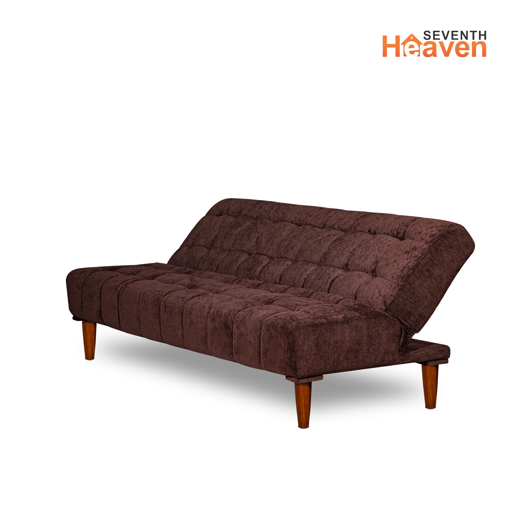 Seventh Heaven Florida Neo 4 Seater Wooden Sofa Cum Bed Modern & Elegant Smart Furniture Range for luxurious homes, living rooms and offices. Use as a sofa, lounger or bed. Perfect for guests. Molphino fabric with sheesham polished wooden legs. Brown colour.