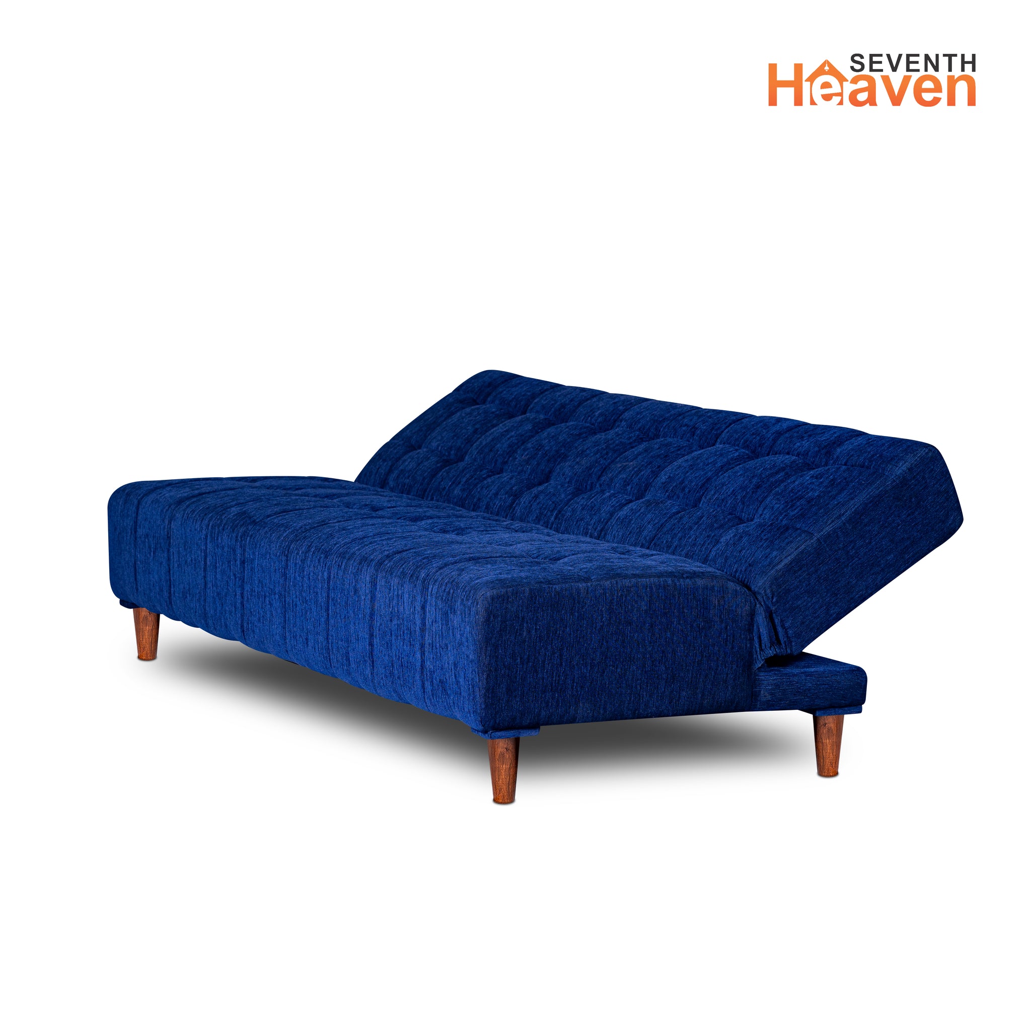 Seventh Heaven Florida 4 Seater Wooden Sofa Cum Bed. Modern & Elegant Smart Furniture Range for luxurious homes, living rooms and offices. Use as a sofa, lounger or bed. Perfect for guests. Molphino fabric with sheesham polished wooden legs. Blue colour.