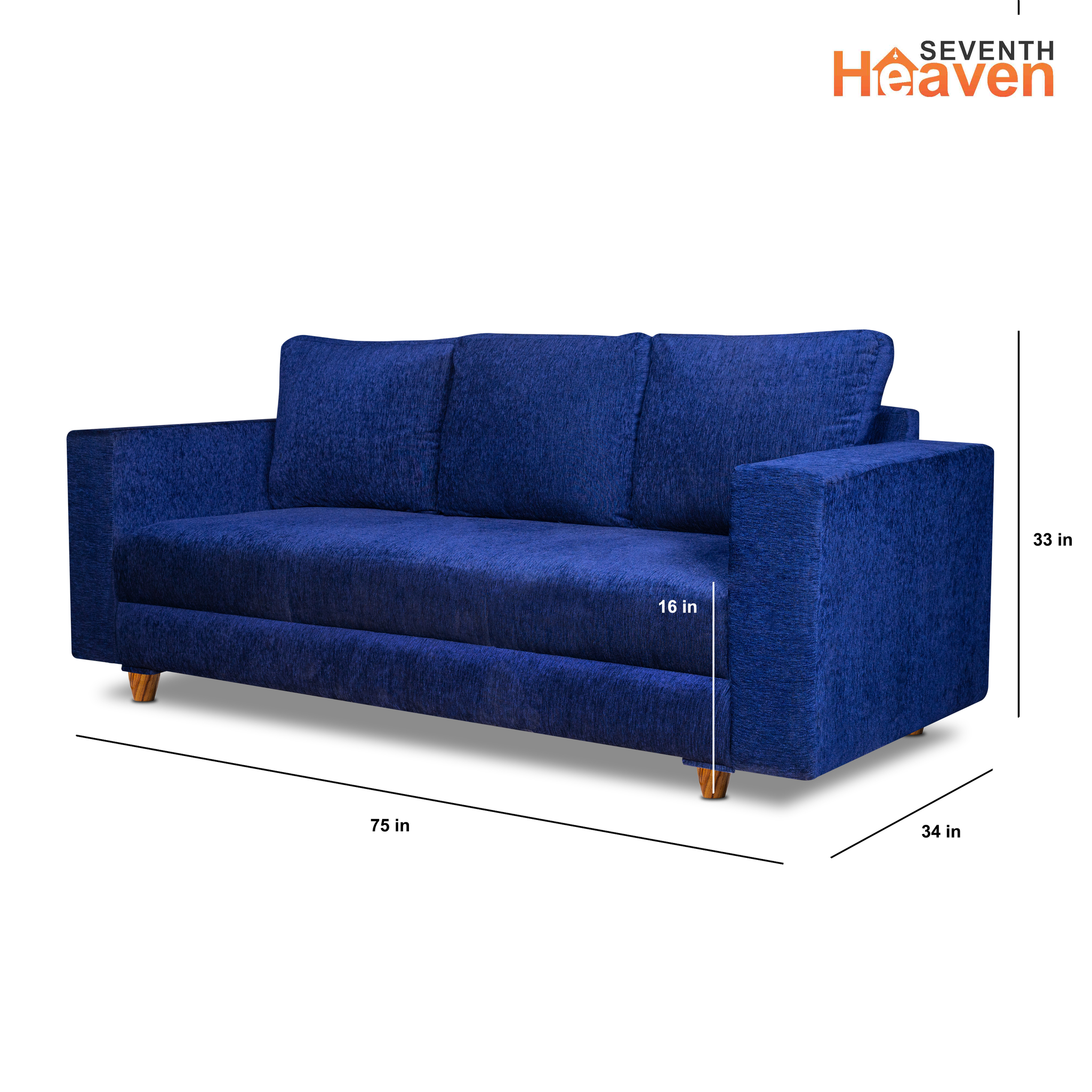 Rio 3 Seater Sofa, Chenille Molfino Fabric (Finish Color - Blue)