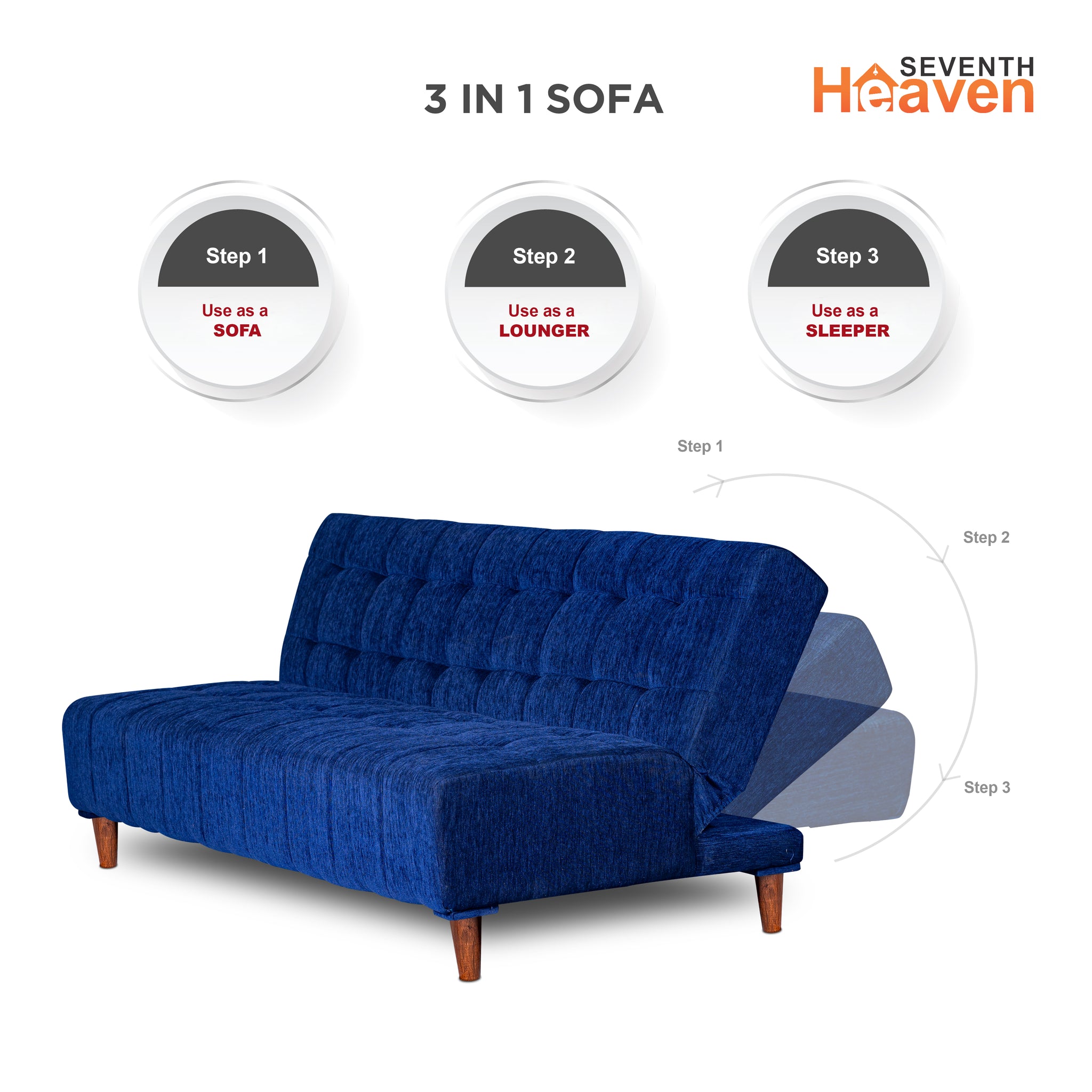 Seventh Heaven Florida 4 Seater Wooden Sofa Cum Bed. Modern & Elegant Smart Furniture Range for luxurious homes, living rooms and offices. Use as a sofa, lounger or bed. Perfect for guests. Molphino fabric with sheesham polished wooden legs. Blue colour.