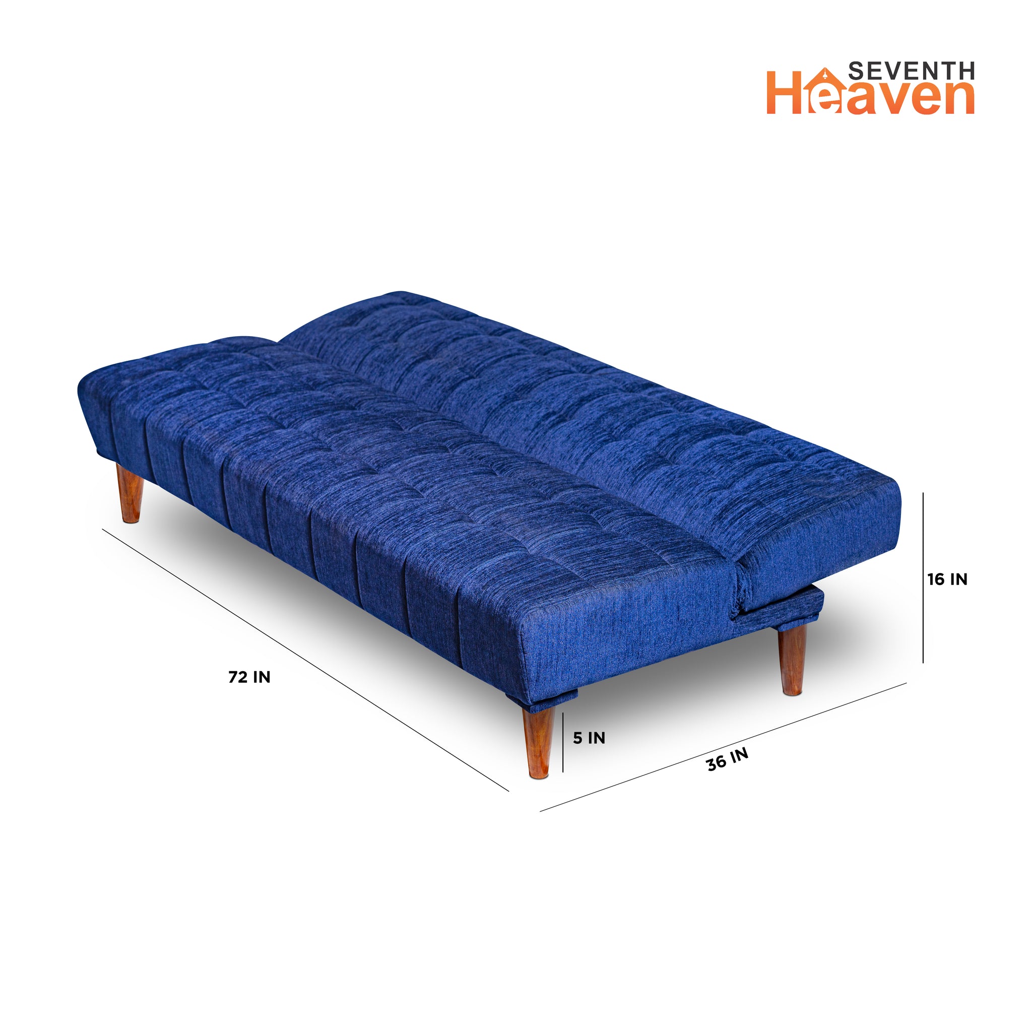 Seventh Heaven Florida Neo 4 Seater Wooden Sofa Cum Bed Modern & Elegant Smart Furniture Range for luxurious homes, living rooms and offices. Use as a sofa, lounger or bed. Perfect for guests. Molphino fabric with sheesham polished wooden legs. Blue colour.