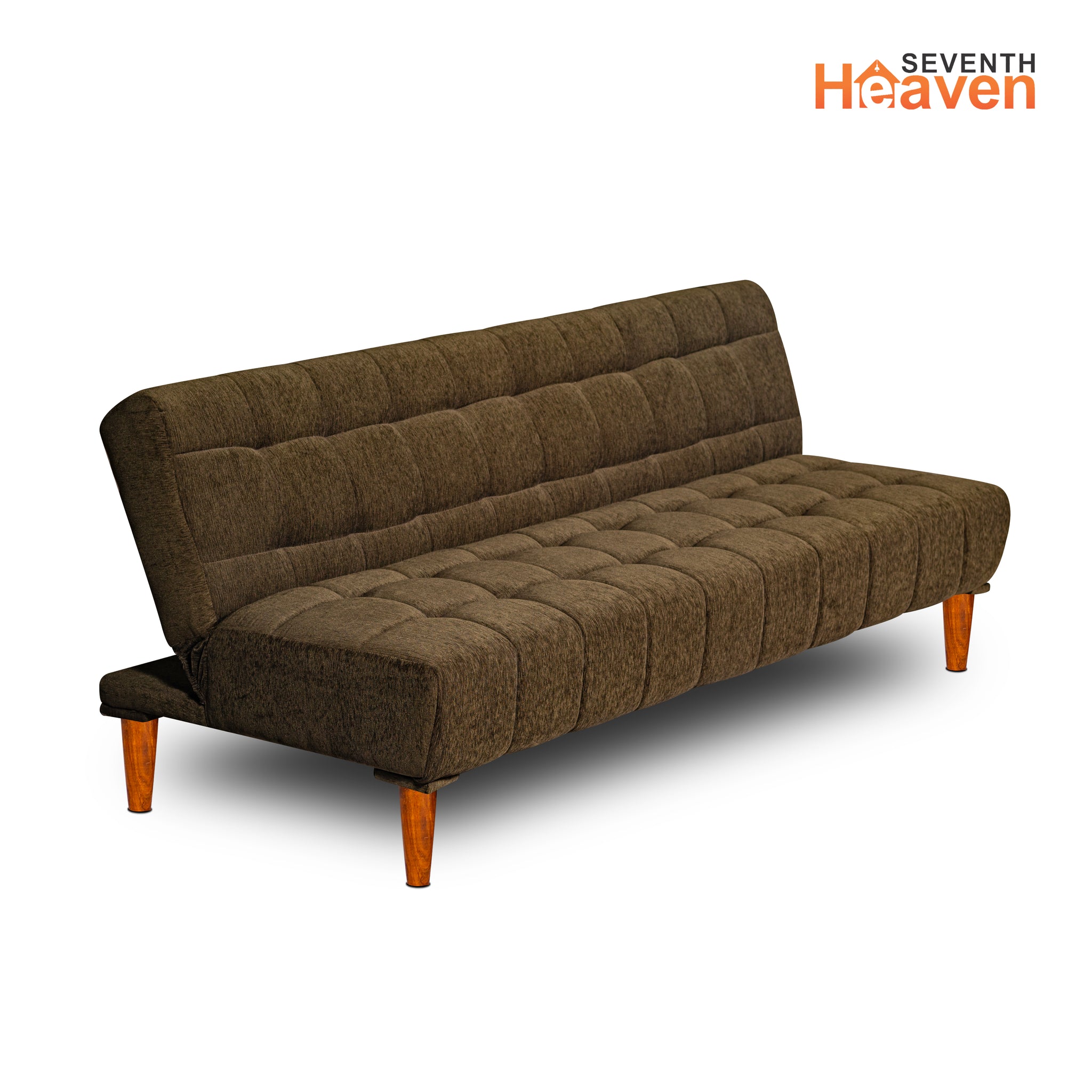 Seventh Heaven Florida Neo 4 Seater Wooden Sofa Cum Bed Modern & Elegant Smart Furniture Range for luxurious homes, living rooms and offices. Use as a sofa, lounger or bed. Perfect for guests. Molphino fabric with sheesham polished wooden legs. Green colour.