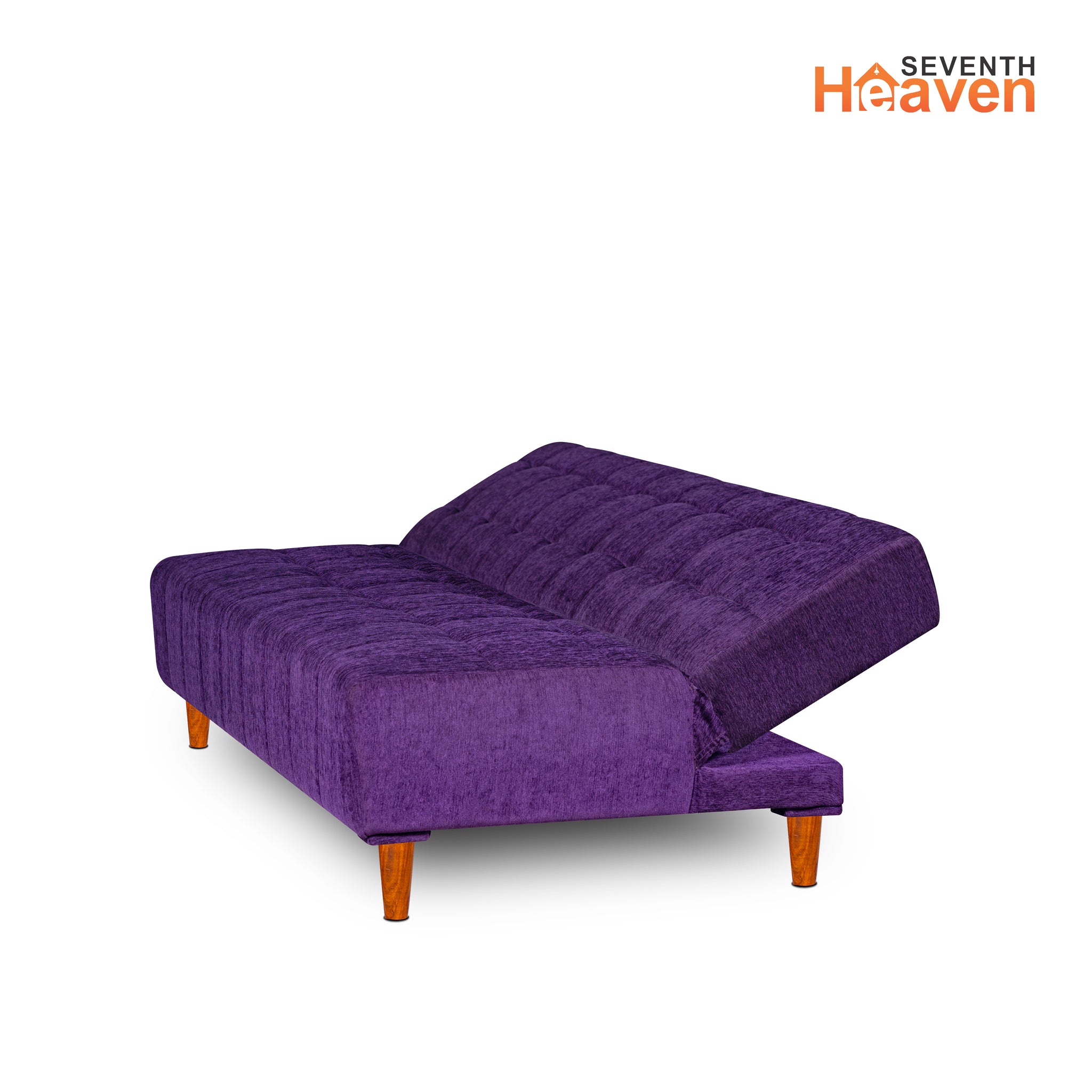 Seventh Heaven Florida 4 Seater Wooden Sofa Cum Bed. Modern & Elegant Smart Furniture Range for luxurious homes, living rooms and offices. Use as a sofa, lounger or bed. Perfect for guests. Molphino fabric with sheesham polished wooden legs. Purple colour.