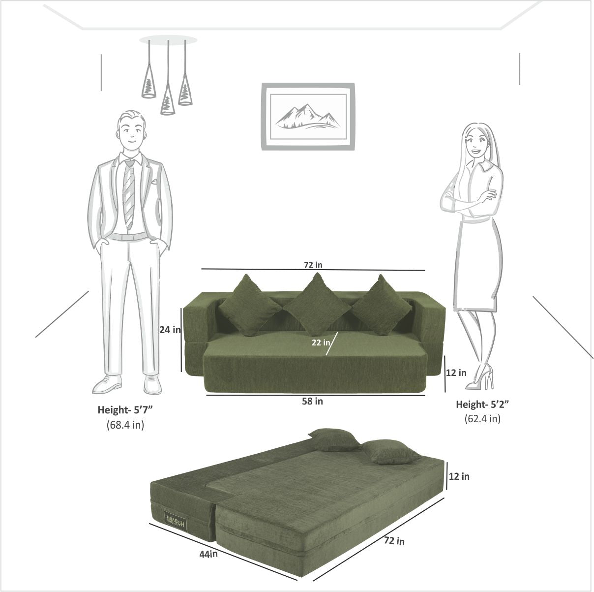 Memory Foam (72"x44"x12") Green Molfino Fabric FlipperX Orthopedic Sofa Bed with 5 Years Warranty