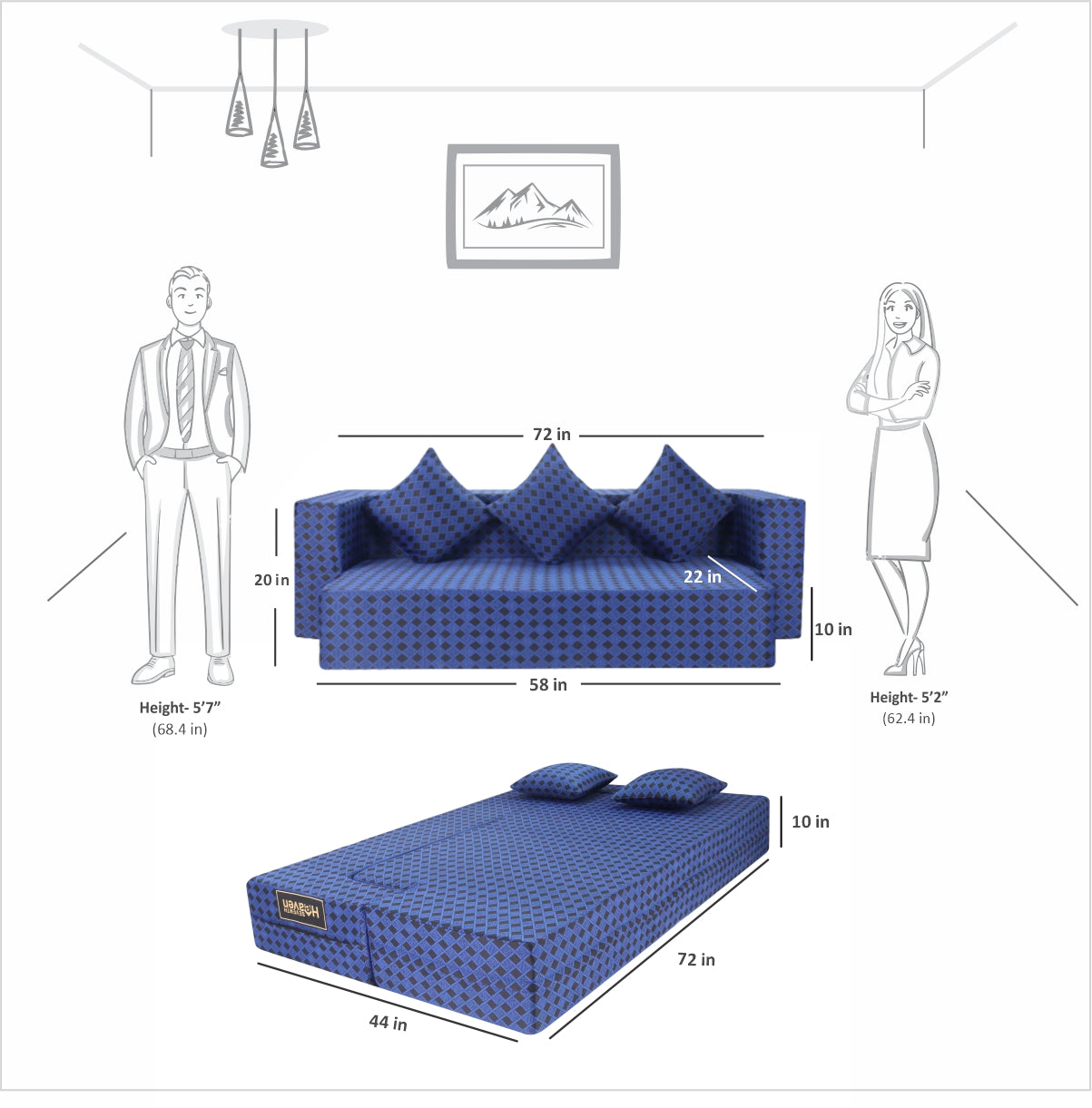 Blue and Black Chenille Molfino Fabric (72"x44'x10") FlipperX Sofa Bed
