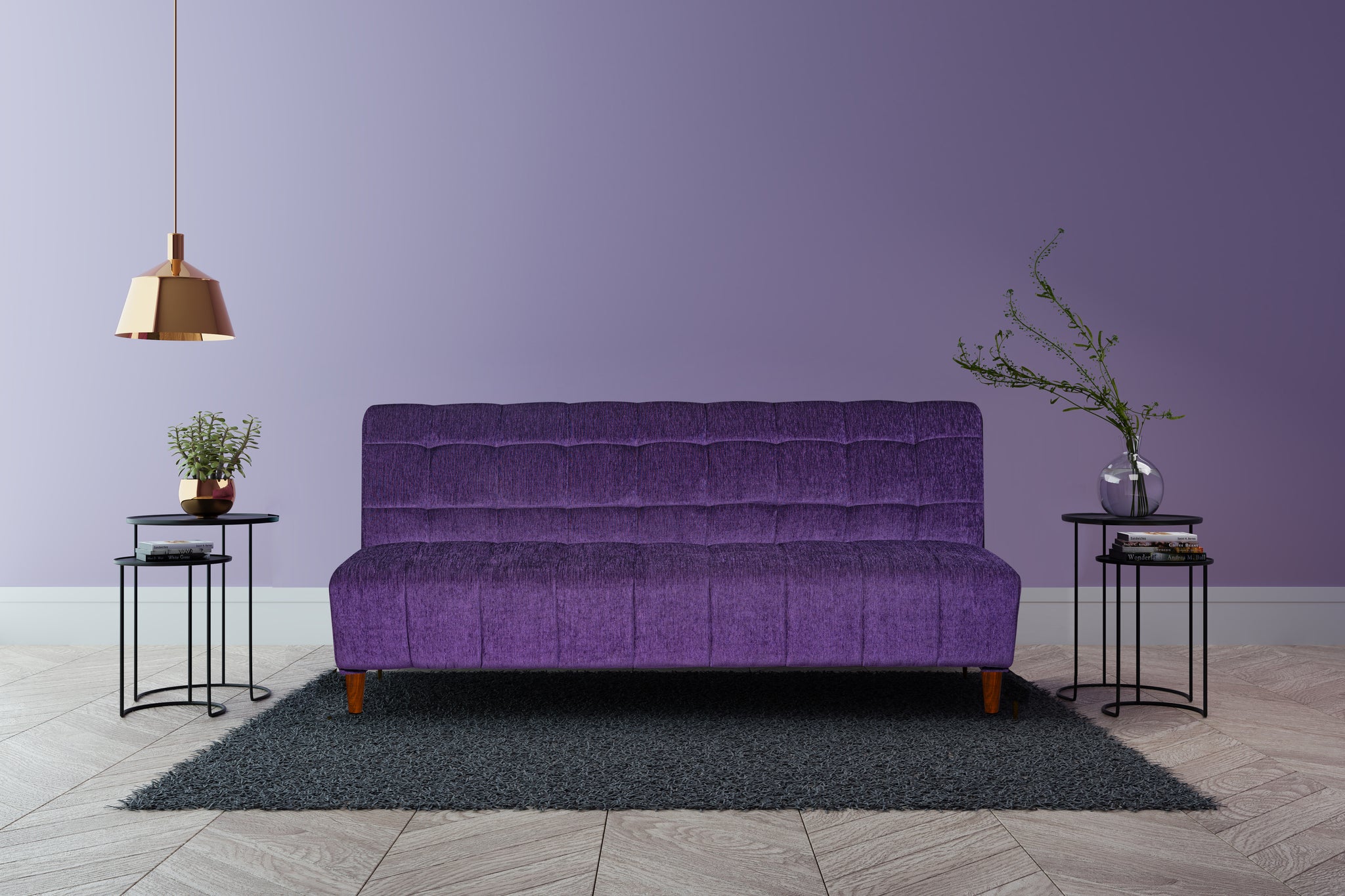 Seventh Heaven Florida 4 Seater Wooden Sofa Cum Bed. Modern & Elegant Smart Furniture Range for luxurious homes, living rooms and offices. Use as a sofa, lounger or bed. Perfect for guests. Molphino fabric with sheesham polished wooden legs. Purple colour.