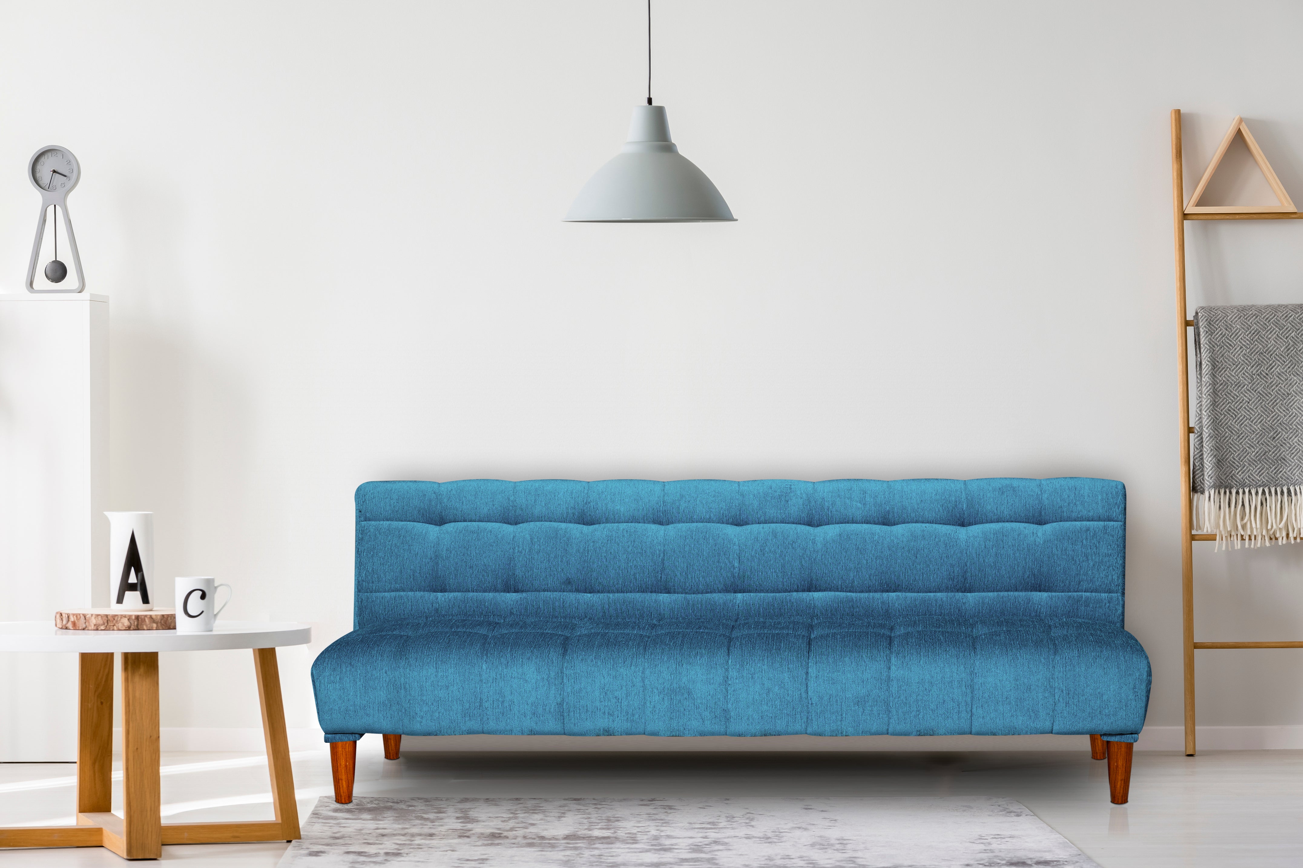 Seventh Heaven Florida Neo 4 Seater Wooden Sofa Cum Bed Modern & Elegant Smart Furniture Range for luxurious homes, living rooms and offices. Use as a sofa, lounger or bed. Perfect for guests. Molphino fabric with sheesham polished wooden legs. Sky Blue colour.