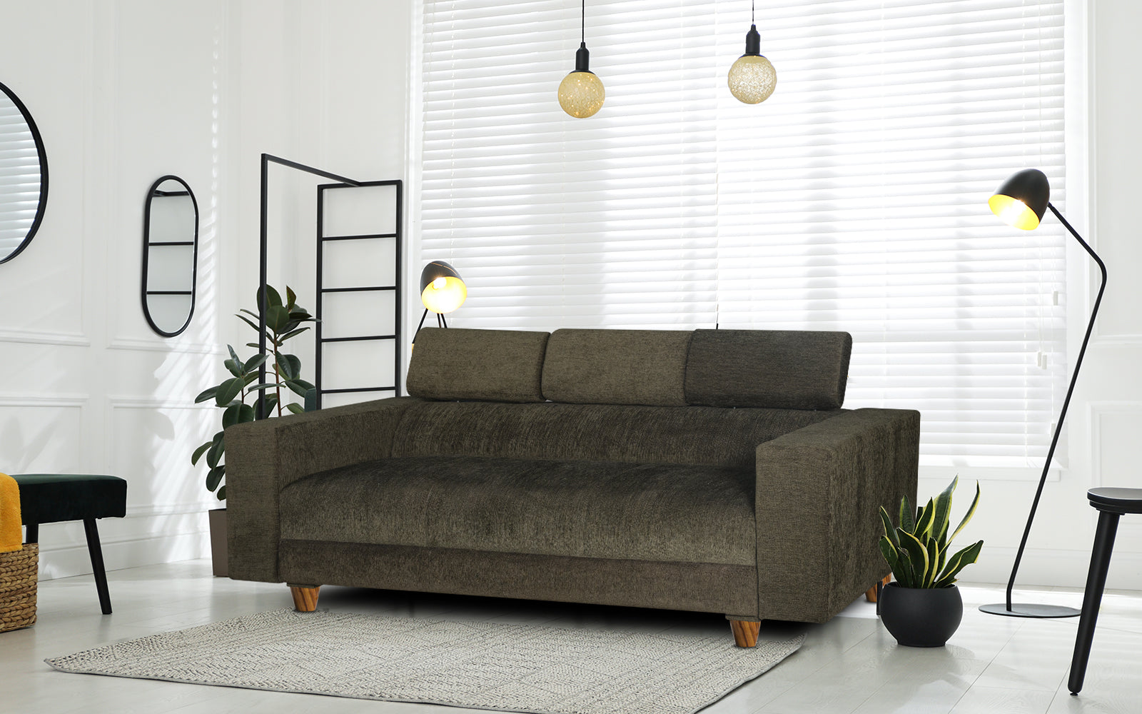 Berlin 3 Seater Sofa, Chenille Molfino Fabric (Finish Color - Green)