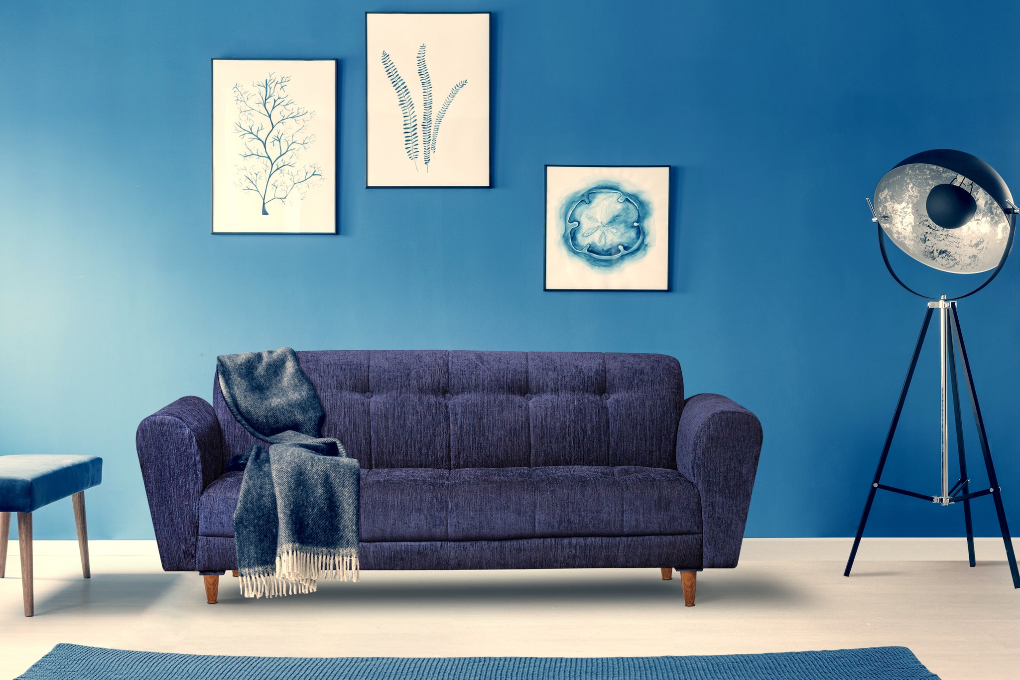Seventh Heaven Milan 3 Seater Wooden Sofa Set Modern & Elegant Smart Furniture Range for luxurious homes, living rooms and offices. Blue Colour Molphino fabric with sheesham polished wooden legs.