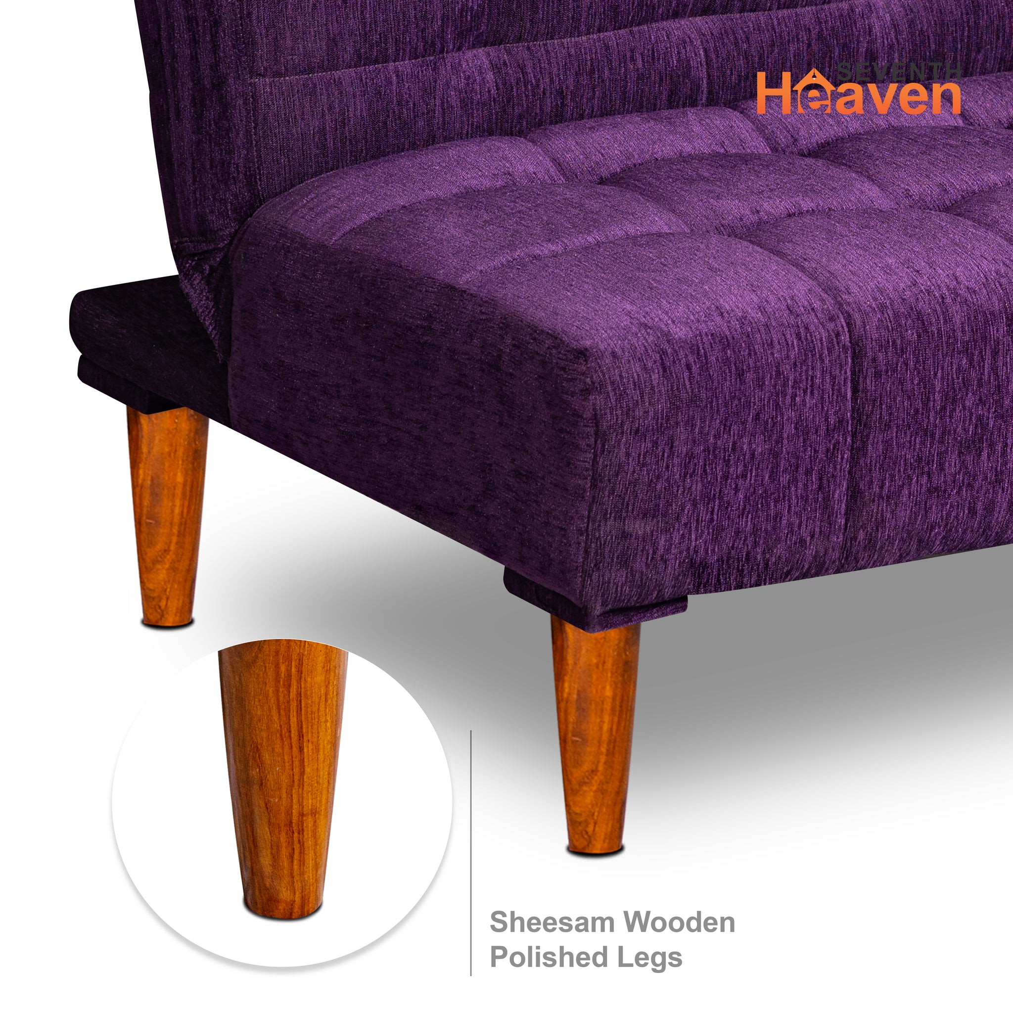 Seventh Heaven Florida Neo 4 Seater Wooden Sofa Cum Bed Modern & Elegant Smart Furniture Range for luxurious homes, living rooms and offices. Use as a sofa, lounger or bed. Perfect for guests. Molphino fabric with sheesham polished wooden legs. Purple colour.